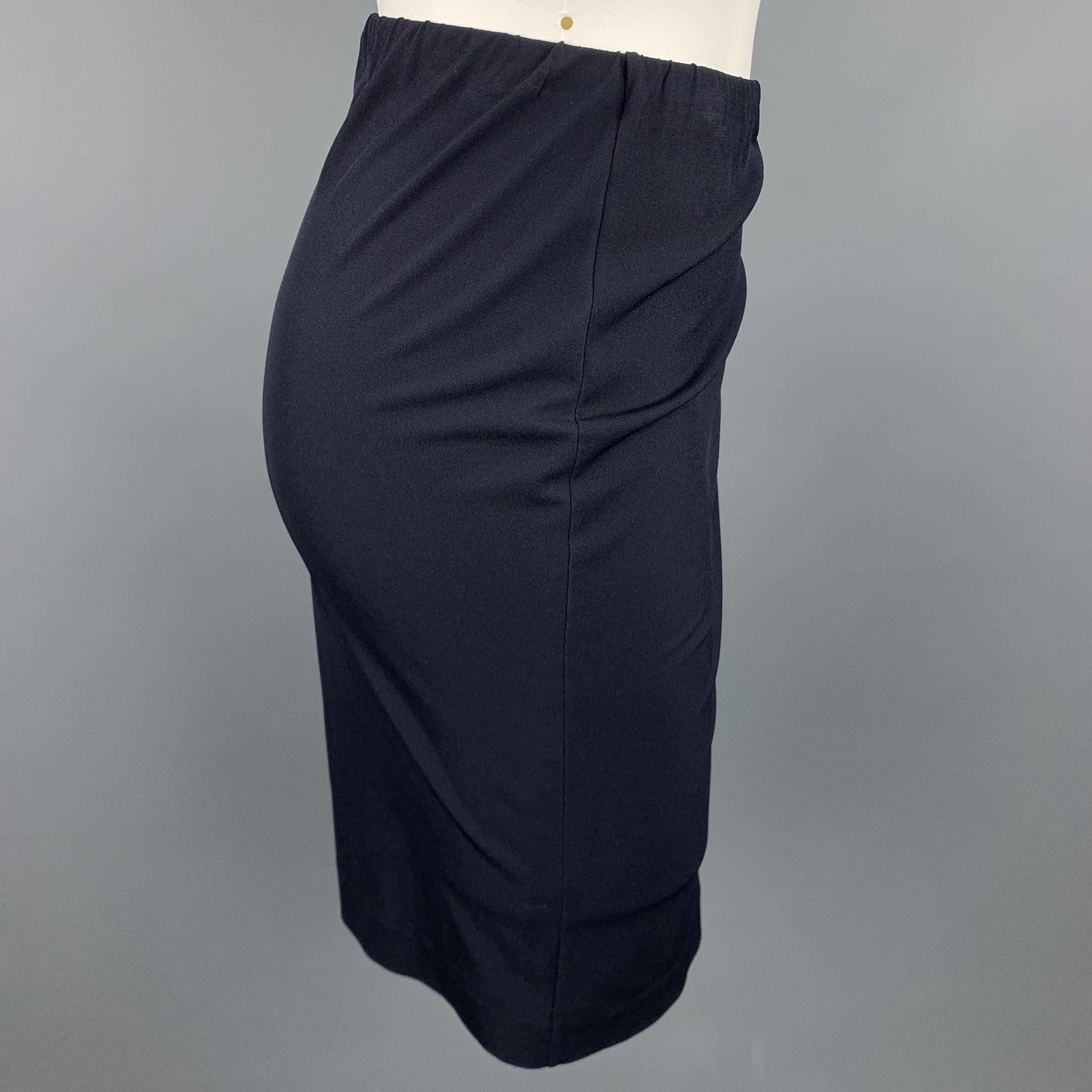 JIL SANDER skirt comes in a navy jersey with a full slip liner featuring a pencil style and a elastic waistband. Made in Italy.Excellent
Pre-Owned Condition. 

Marked:   IT 38 

Measurements: 
  Waist: 37 inches 
Hip: 38 inches 
Length: 21 inches 
 