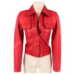 JIL SANDER Size 6 Red Leather Trucker Jacket