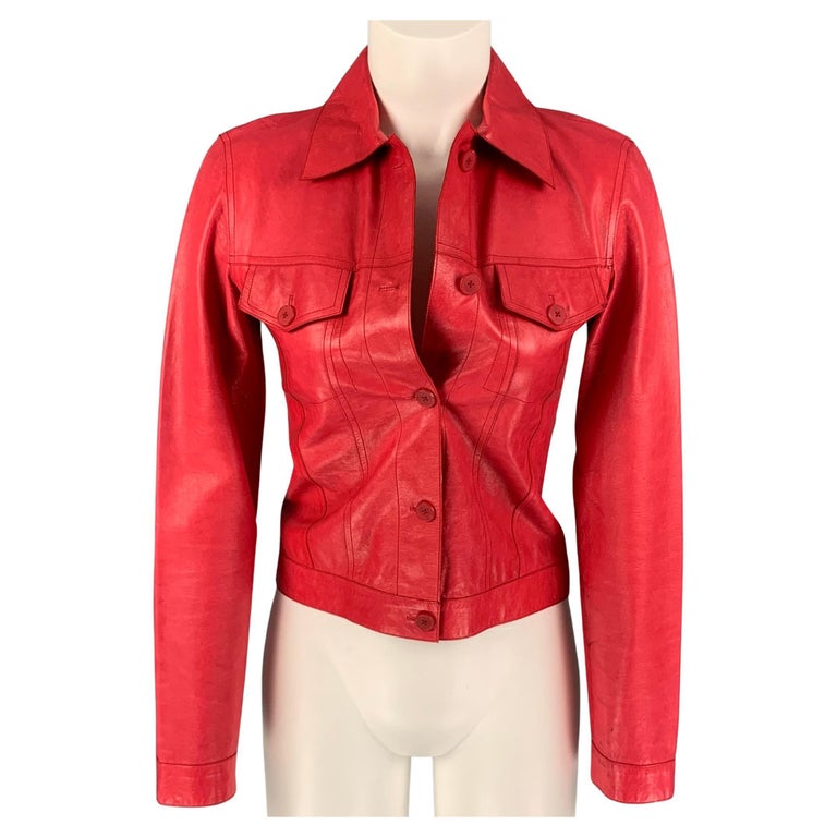 JIL SANDER Size 6 Red Leather Trucker Jacket For Sale at 1stDibs