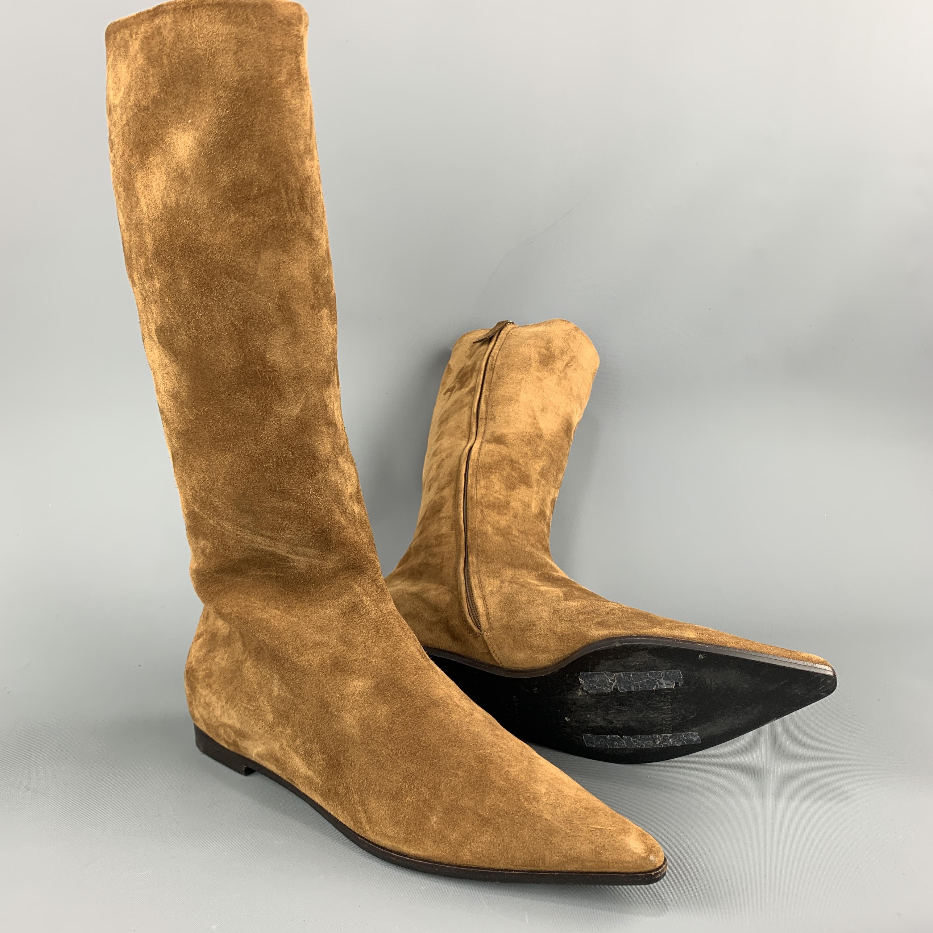 JIL SANDER Size 7.5 Caramel Tan Suede Pointed Flat Calf Boots In Good Condition In San Francisco, CA