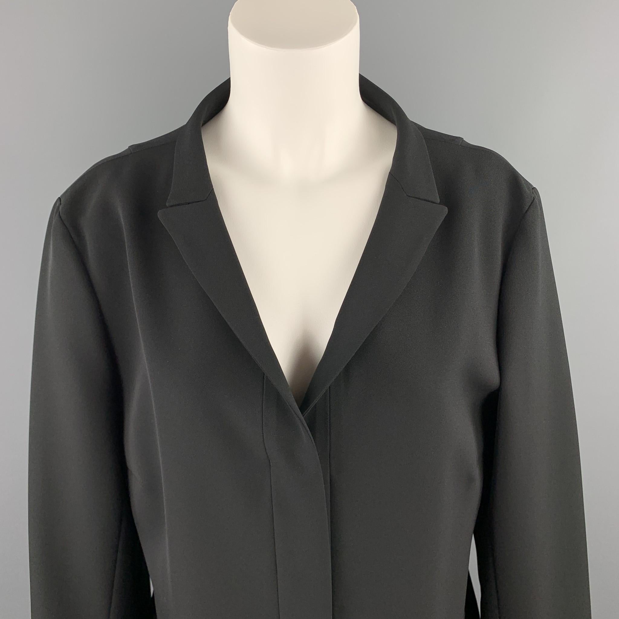 JIL SANDER blazer coat comes in black twill with a wide notch lapel neckline, slit pockets, and hidden placket button front. Made in Italy.

Excellent Pre-Owned Condition.
Marked: IT 40

Measurements:

Shoulder: 19 in.
Bust: 41 in.
Sleeve: 22