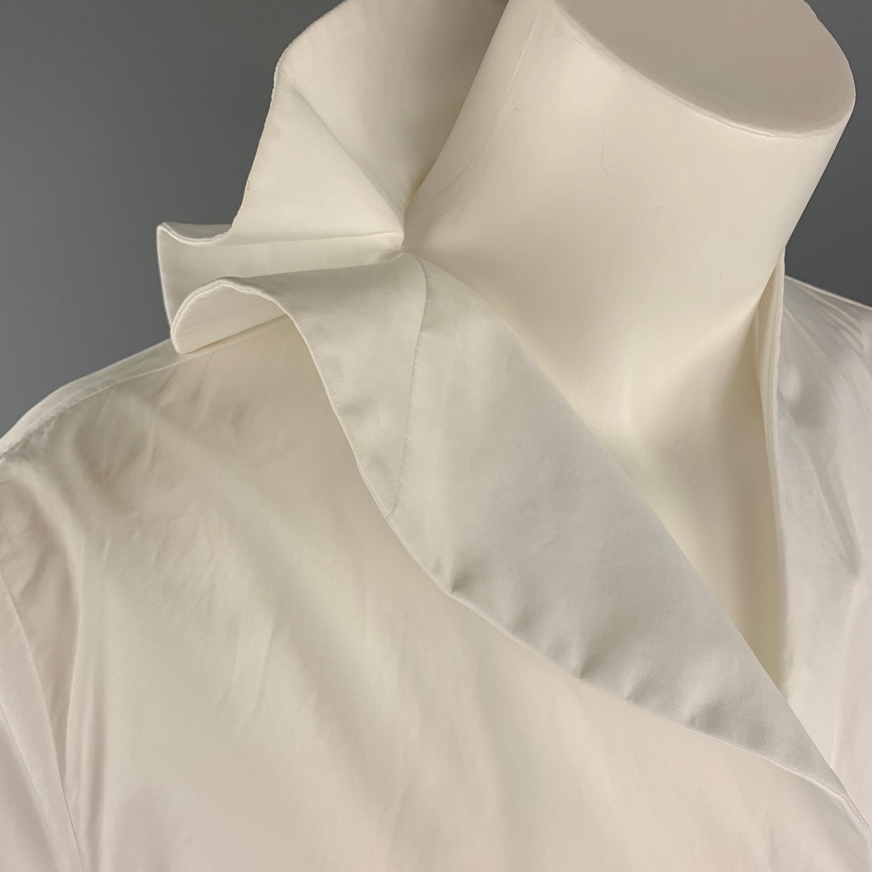 JIL SANDER Size 8 White Cotton Ruffled Asymmetrical Collar Buttoned Blouse In Good Condition In San Francisco, CA