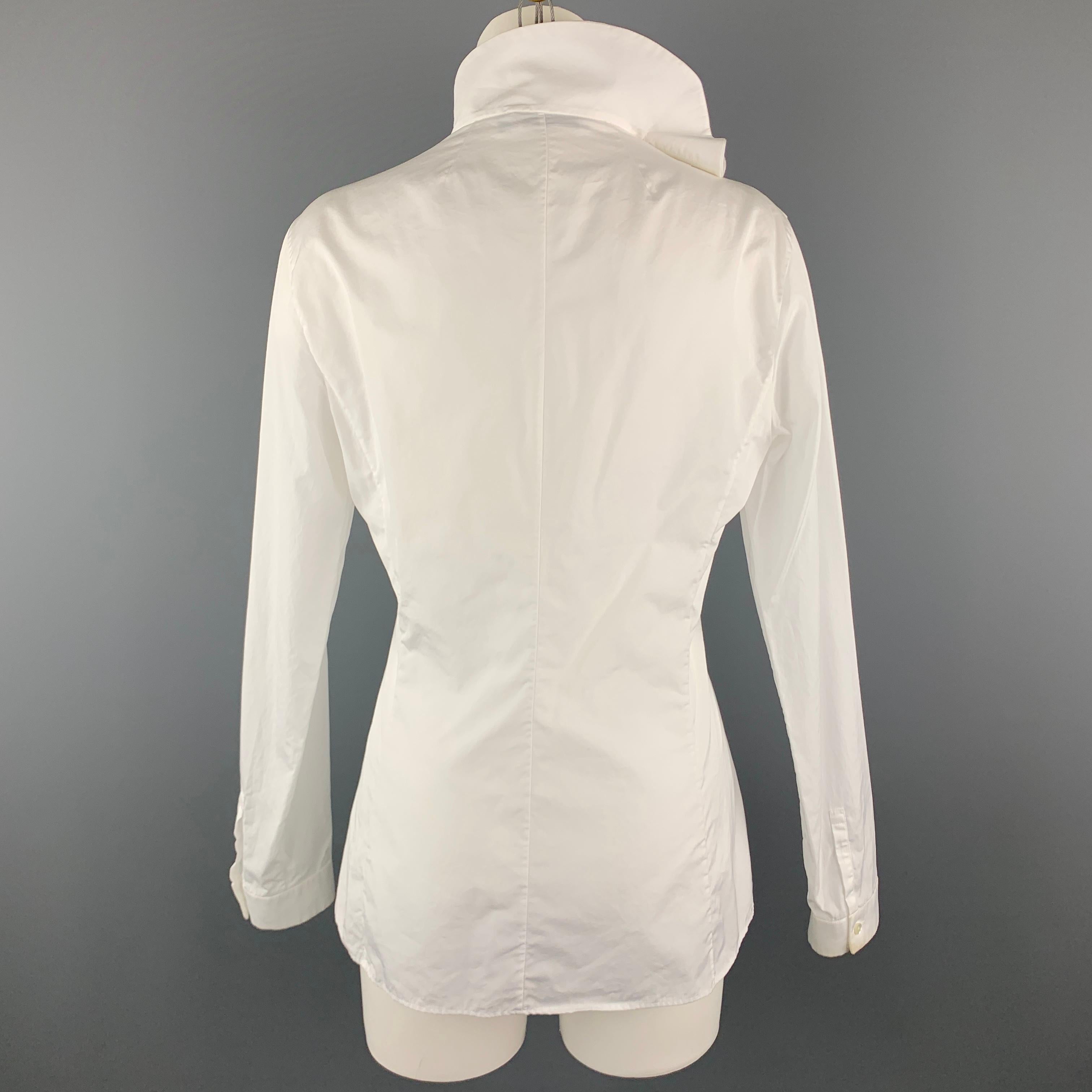 Women's JIL SANDER Size 8 White Cotton Ruffled Asymmetrical Collar Buttoned Blouse