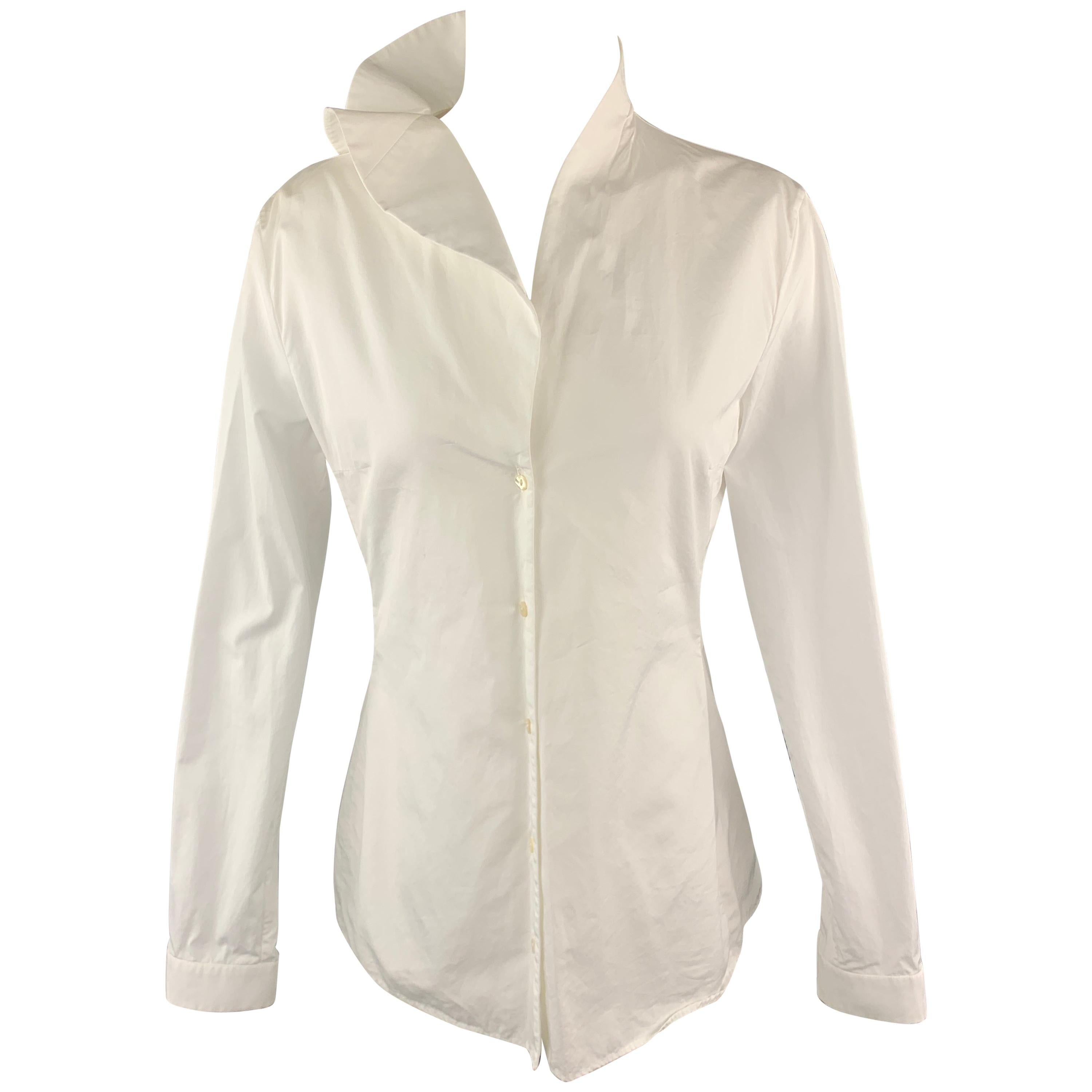 JIL SANDER Size 8 White Cotton Ruffled Asymmetrical Collar Buttoned Blouse
