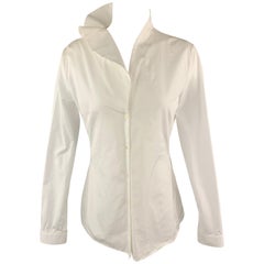 JIL SANDER Size 8 White Cotton Ruffled Asymmetrical Collar Buttoned Blouse