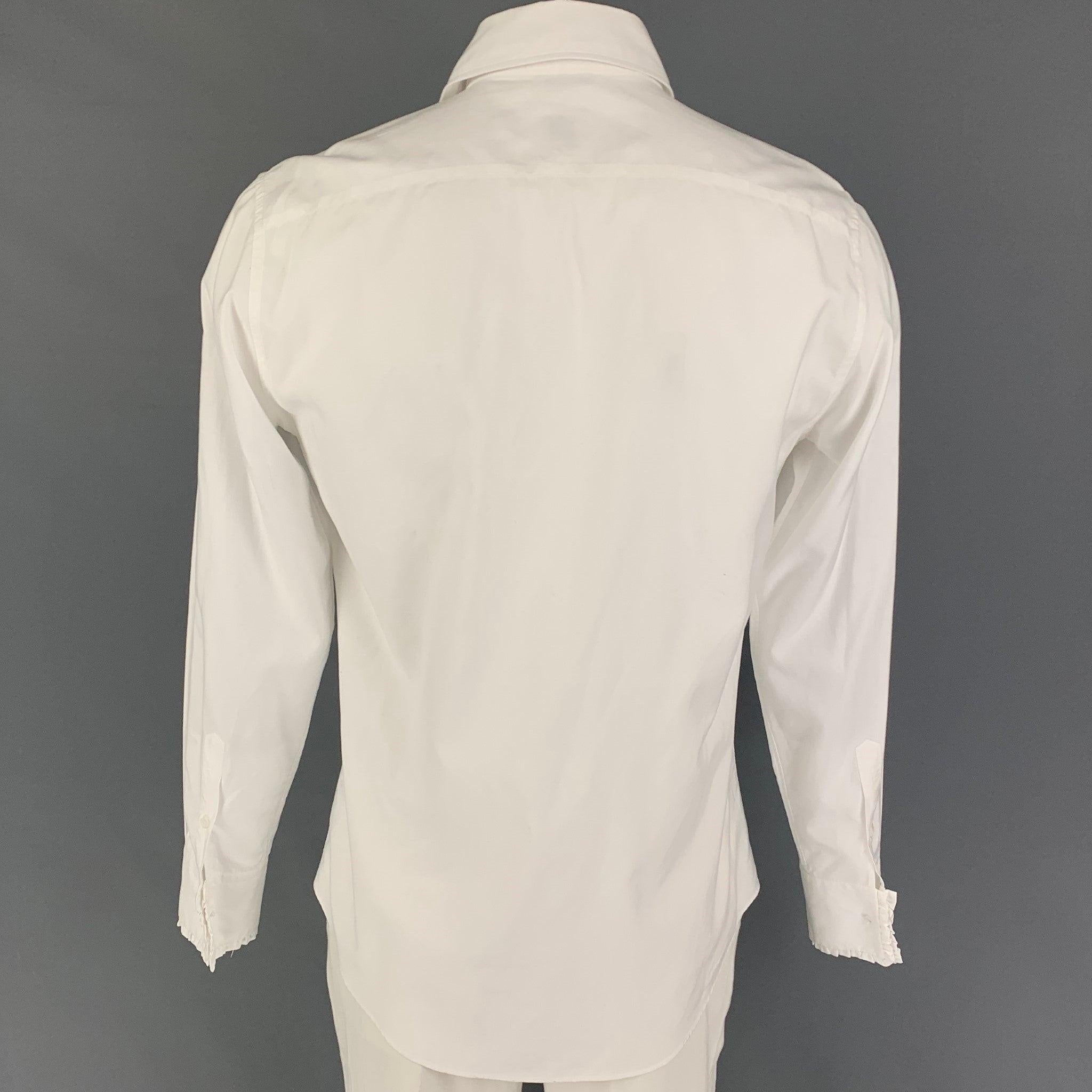 JIL SANDER Size L White Ruffled Cotton Button Up Long Sleeve Shirt In Good Condition For Sale In San Francisco, CA