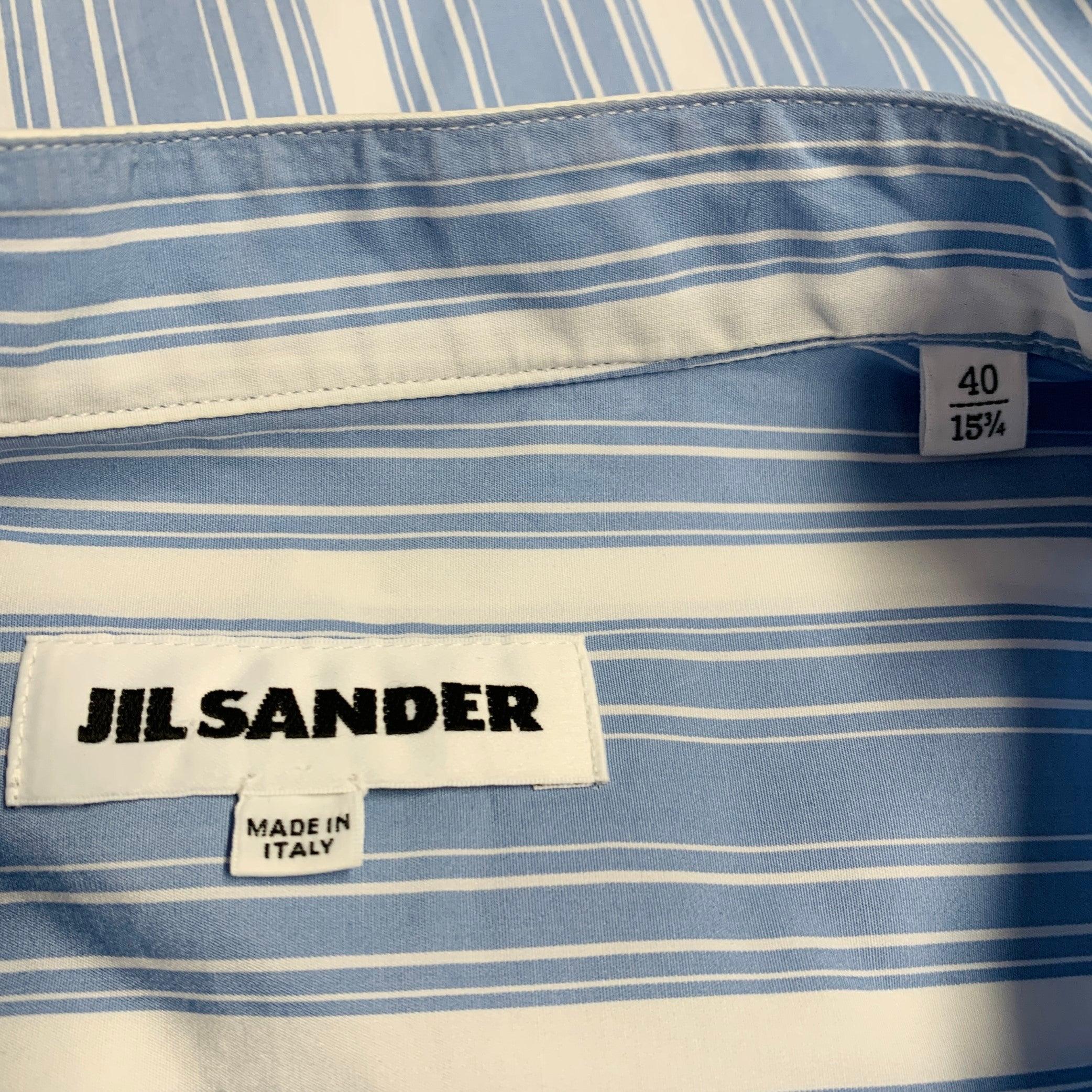JIL SANDER Größe M Giusy Blau Weiß Gestreift Baumwolle Kragenlos Langarmhemd im Angebot 2