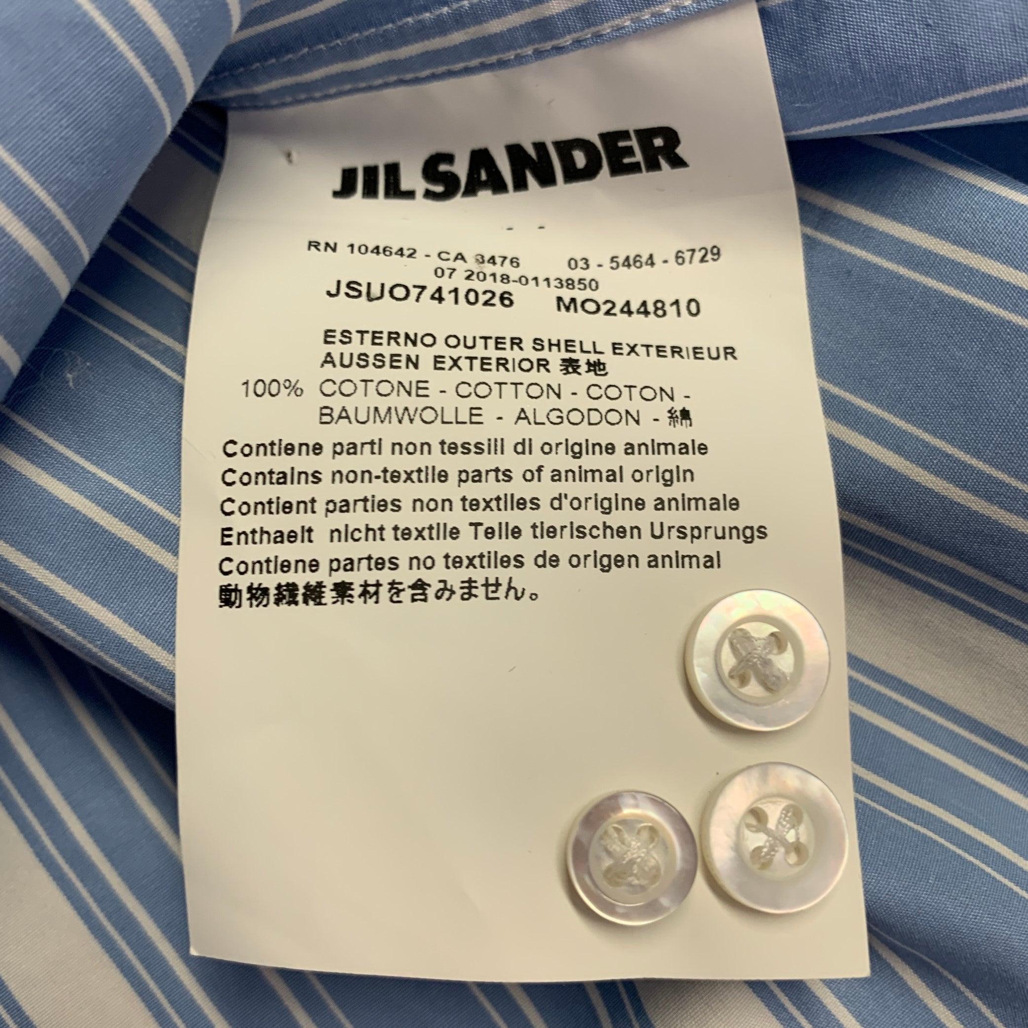 JIL SANDER Größe M Giusy Blau Weiß Gestreift Baumwolle Kragenlos Langarmhemd im Angebot 3