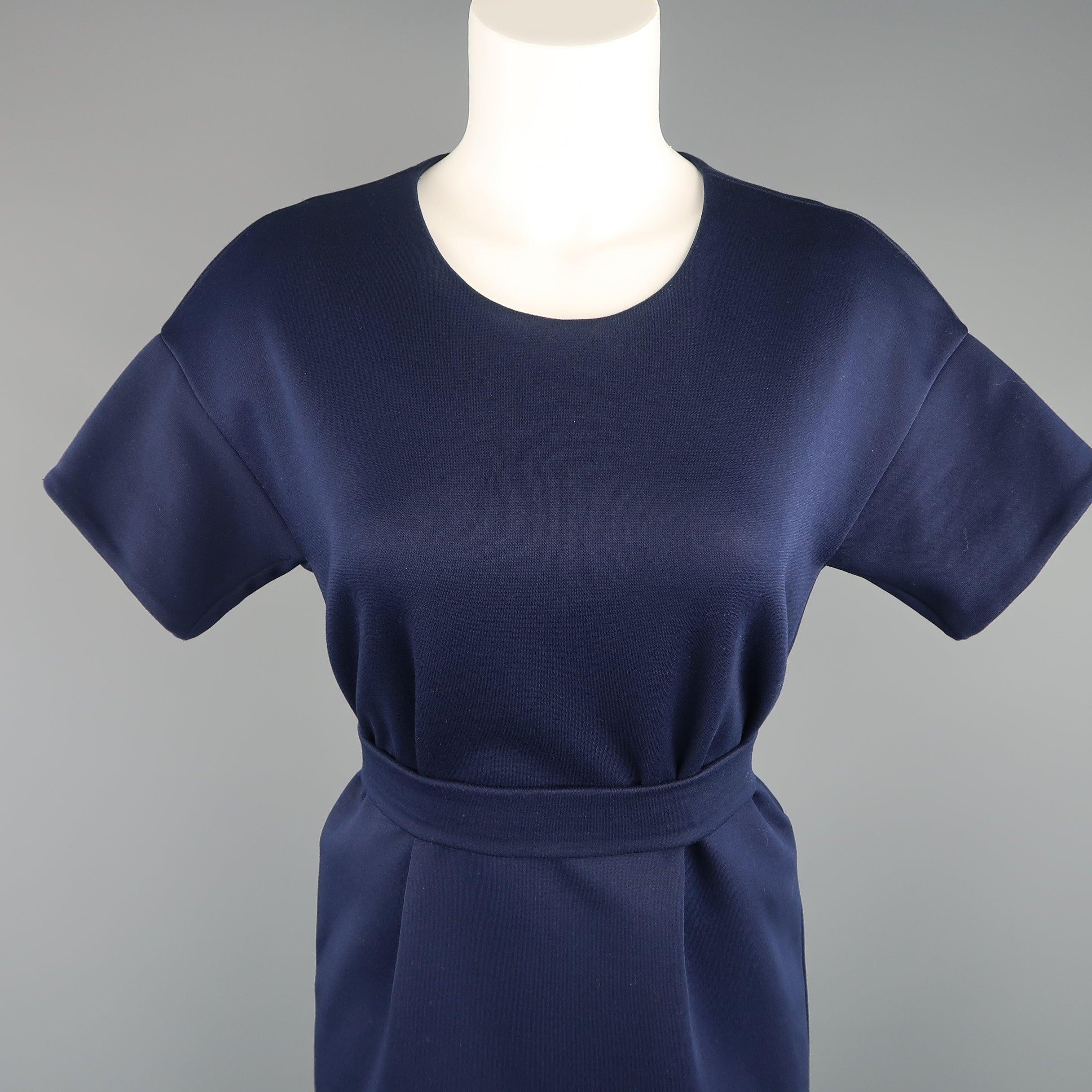 JIL SANDER Size M Navy Cotton / Polyester Jersey Short Sleeve Belted Shift Dress In Excellent Condition For Sale In San Francisco, CA