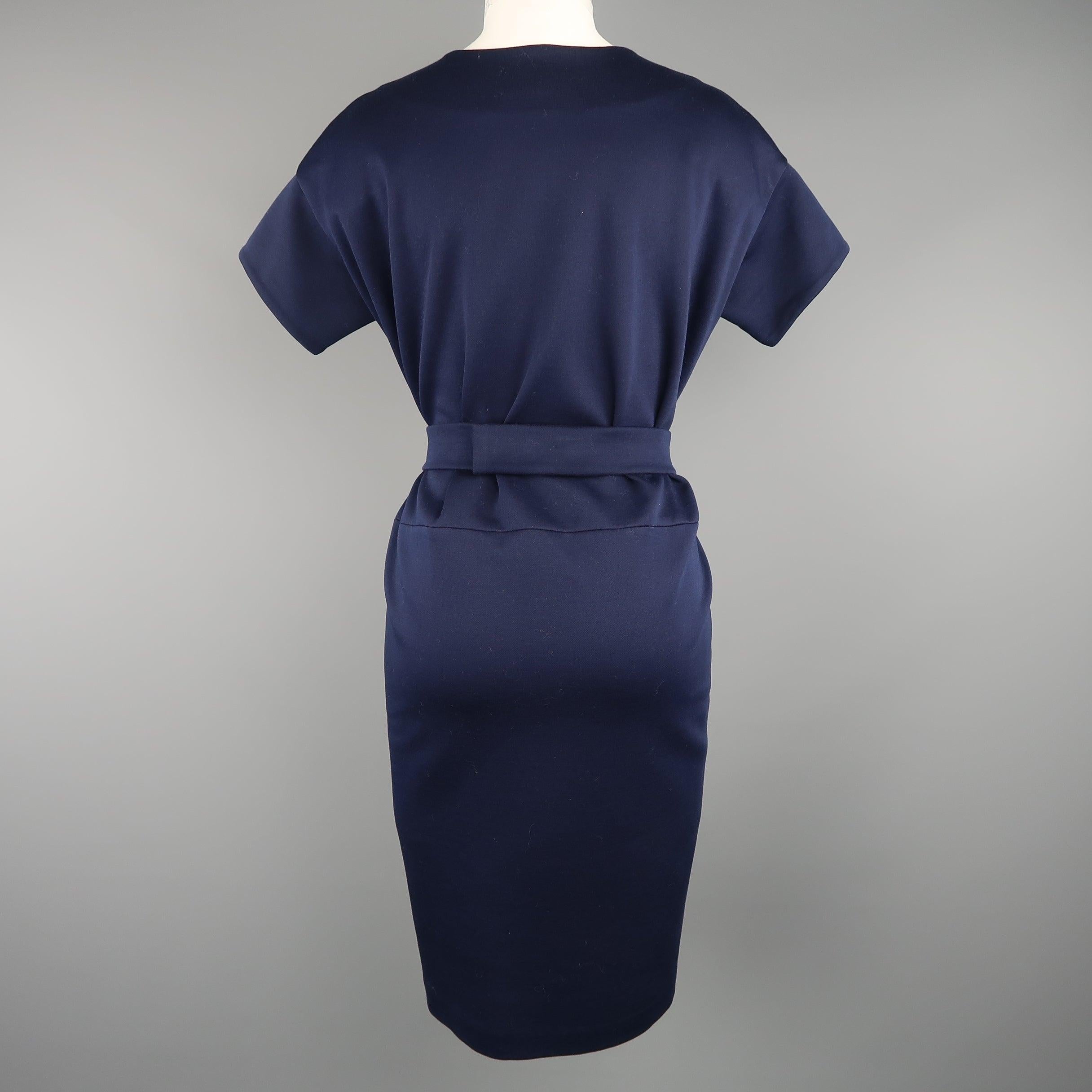 Women's JIL SANDER Size M Navy Cotton / Polyester Jersey Short Sleeve Belted Shift Dress For Sale