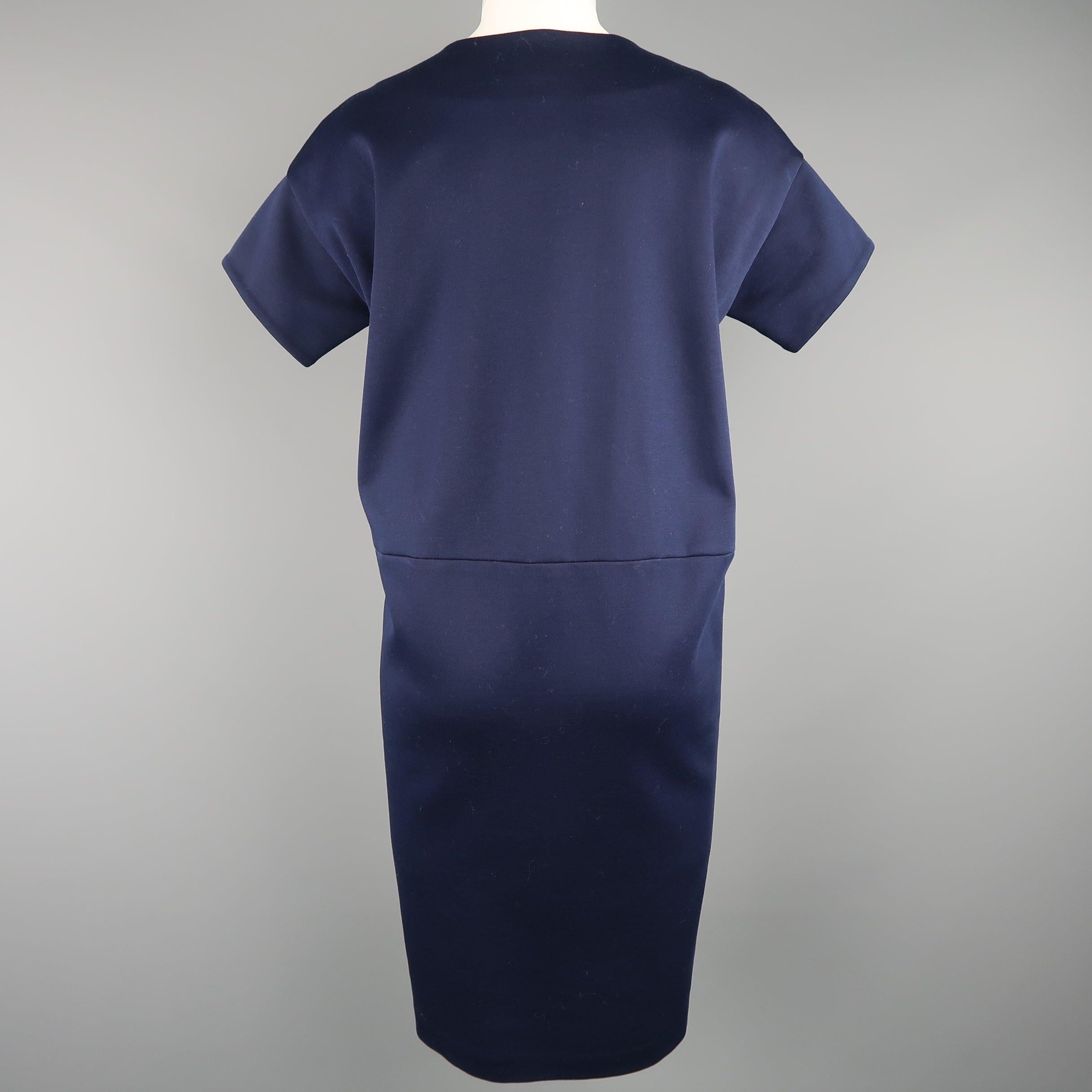 JIL SANDER Size M Navy Cotton / Polyester Jersey Short Sleeve Belted Shift Dress For Sale 1