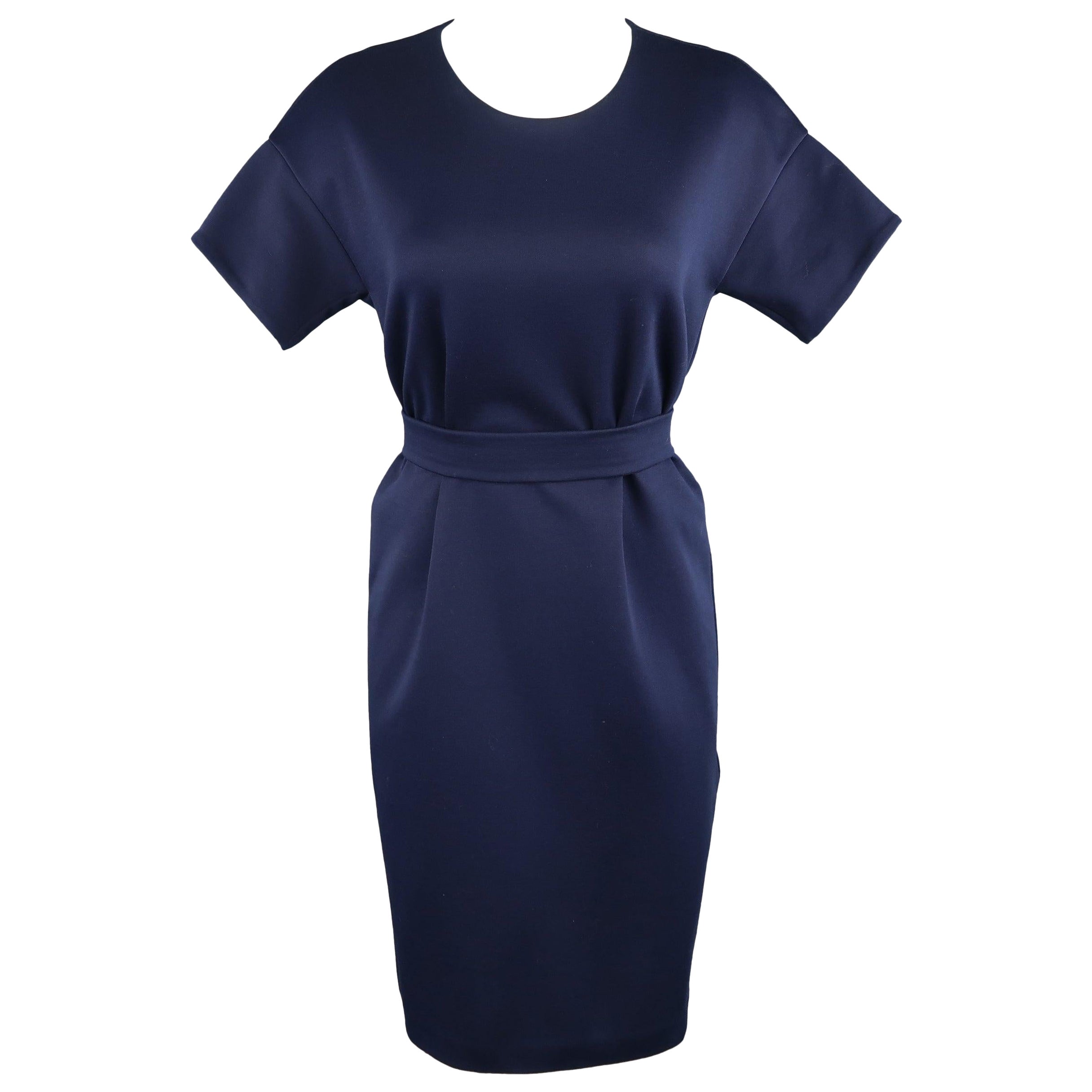 JIL SANDER Größe M Marineblaues Etuikleid mit kurzen Ärmeln und Gürtel aus Baumwolle / Polyester und Jersey
