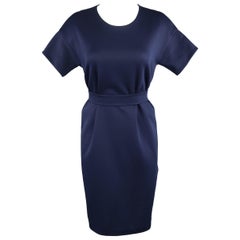 JIL SANDER Größe M Marineblaues Etuikleid mit kurzen Ärmeln und Gürtel aus Baumwolle / Polyester und Jersey