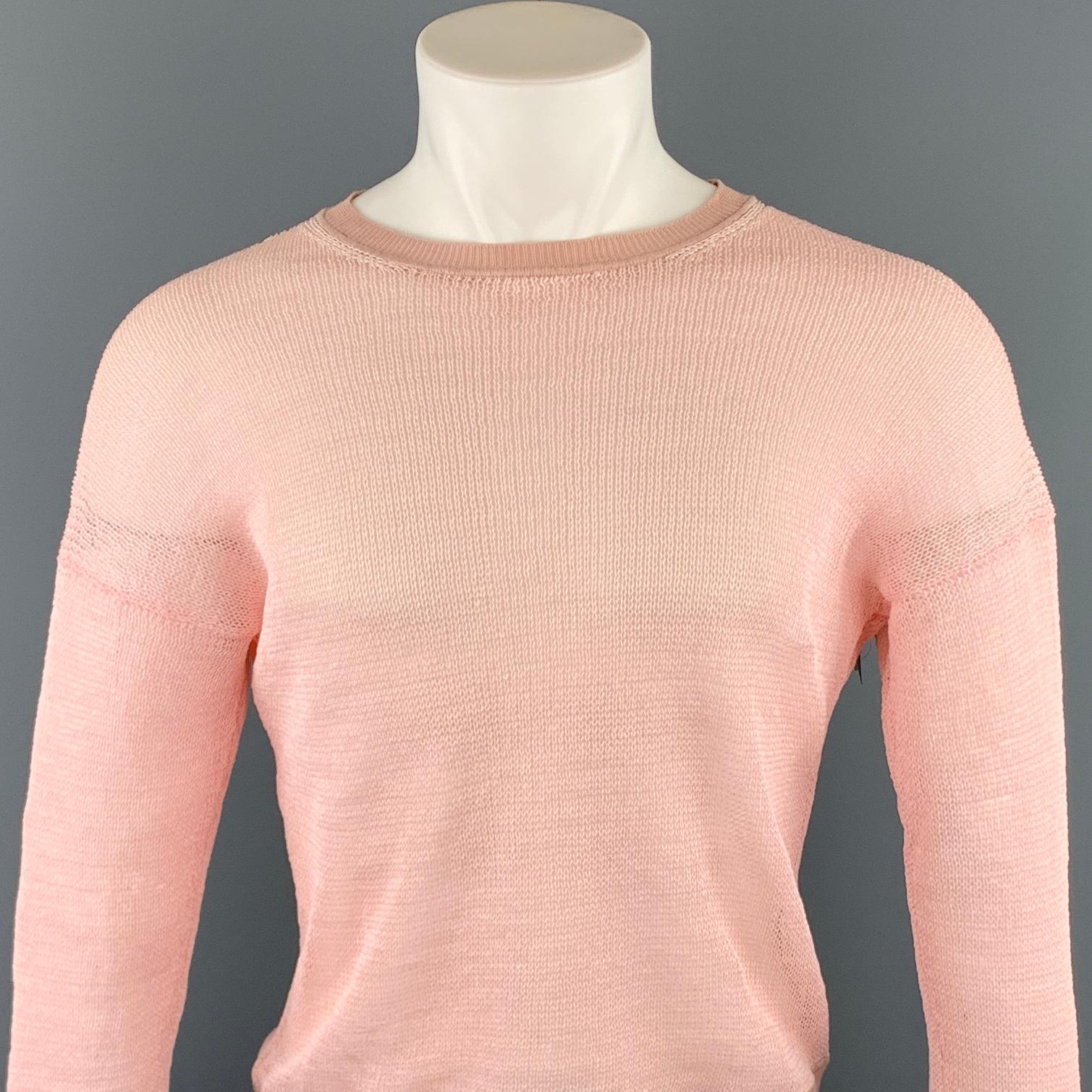 JIL SANDER pullover comes in a pink mesh paper material with crew-neck. Minor discoloration. As-Is. Made in Italy.

Good Pre-Owned Condition.
Marked: IT 50

Measurements:

Shoulder: 24.5 in. 
Chest: 42 in. 
Sleeve: 20.5 in. 
Length: 22.5 in. 