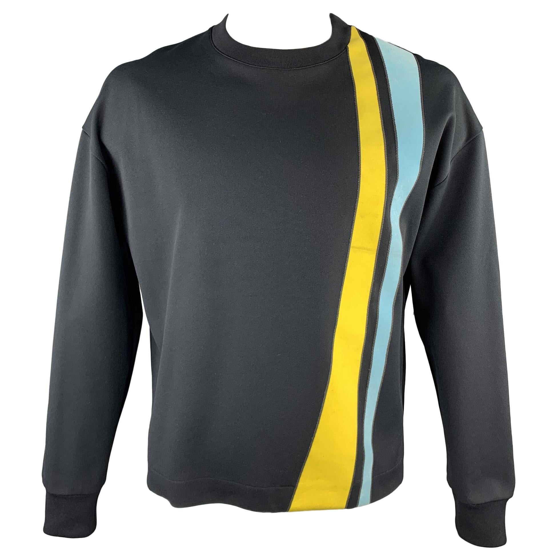 JIL SANDER Size XL Black Yellow And Blue Stripe Crew-Neck Pullover