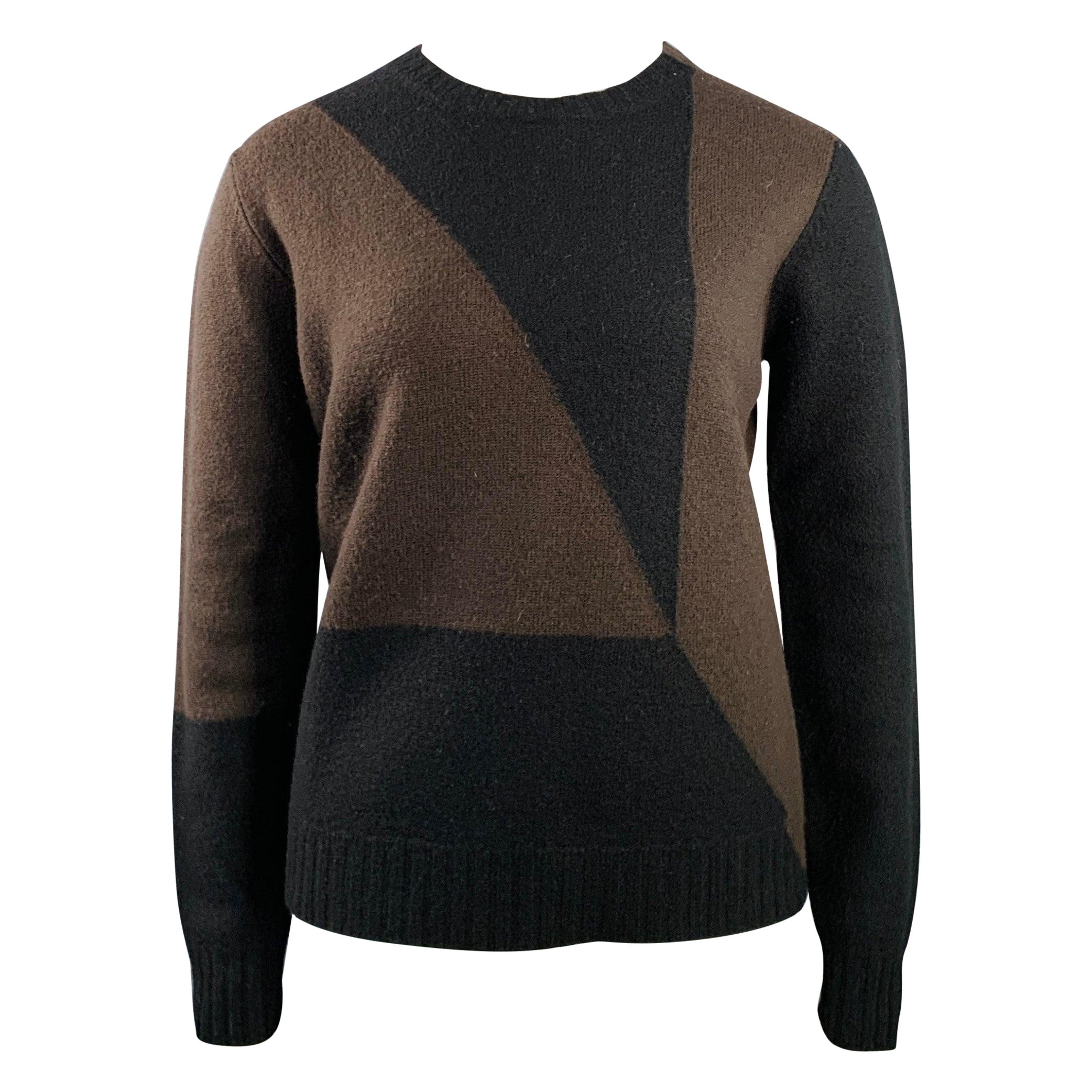 JIL SANDER Size XL Brown Black Wool Color Block Crew Neck Sweater