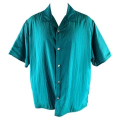 JIL SANDER Size XL Teal Polyamide Silk Camp Short Sleeve Shirt