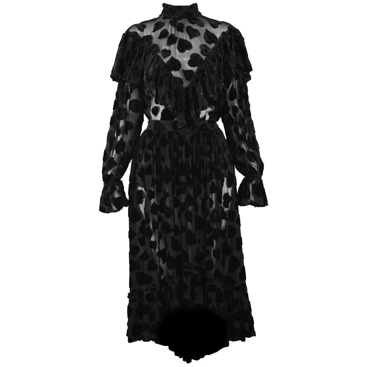 Jil Sander Vintage 1990s Semi Sheer Black Velvet Devore Two Piece Skirt Suit For Sale