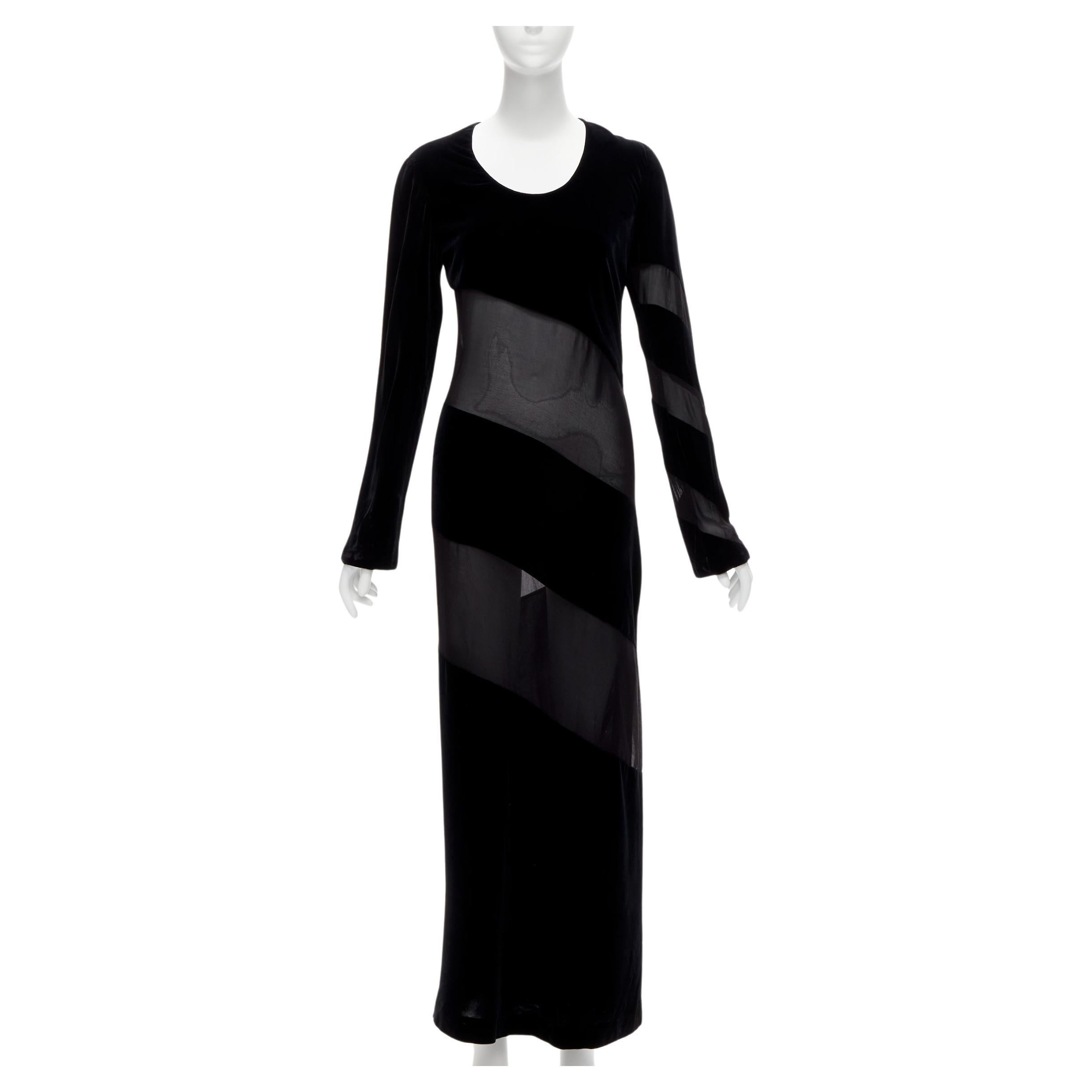 JIL SANDER Vintage black velvet sheer spiral bias panels long sleeve dress FR36 
