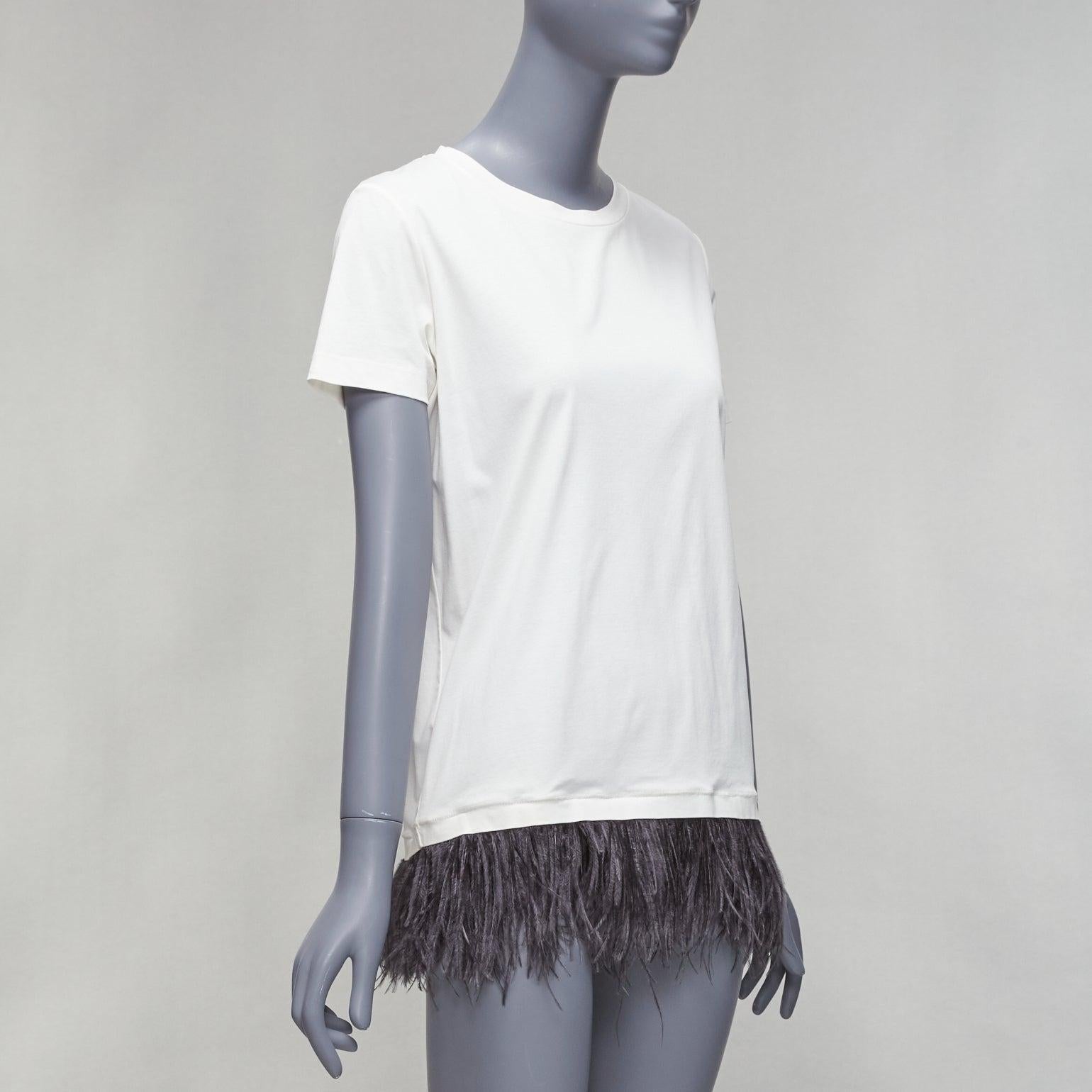 JIL SANDER white cotton black ostrich feather trim crew neck tshirt S In Good Condition For Sale In Hong Kong, NT