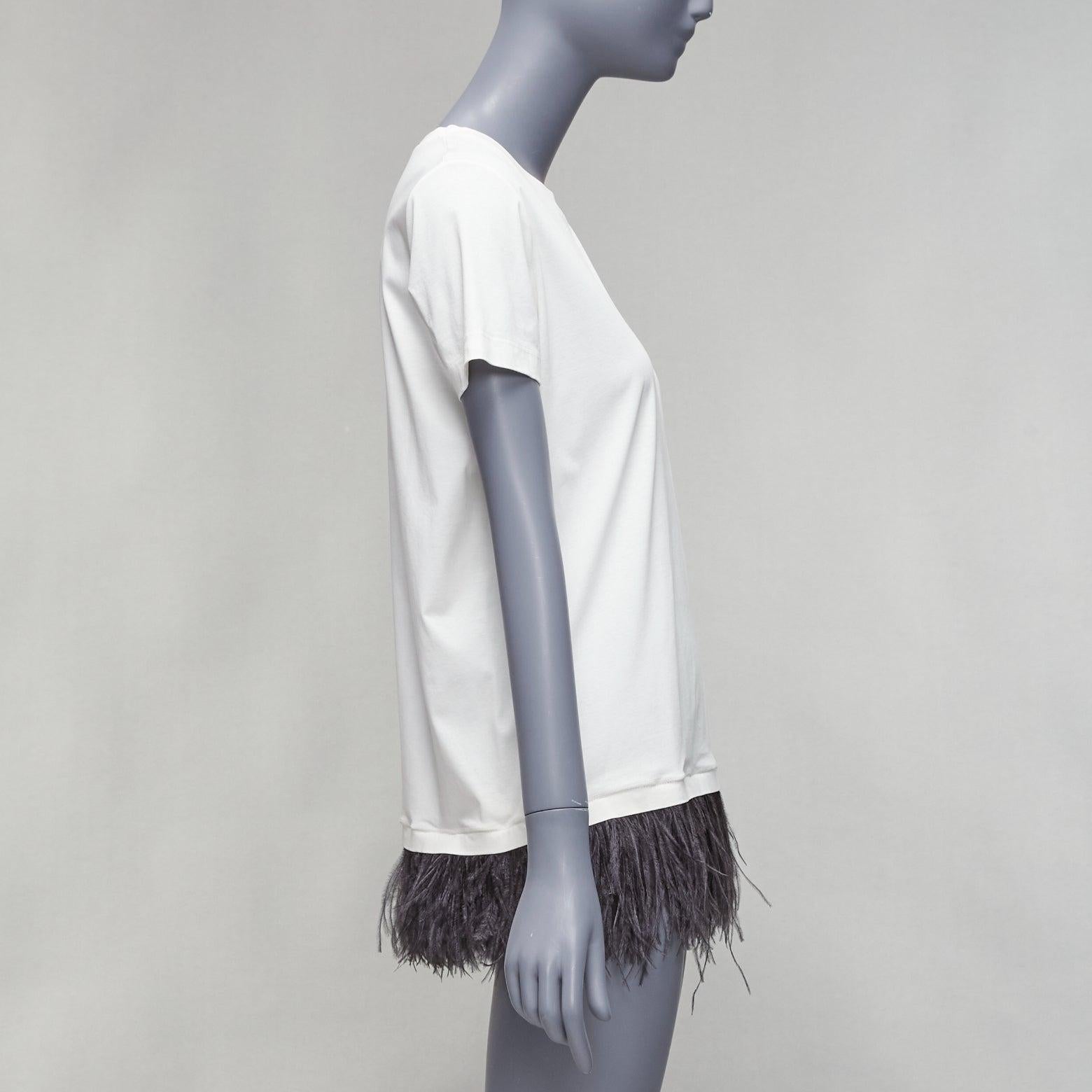 Women's JIL SANDER white cotton black ostrich feather trim crew neck tshirt S For Sale