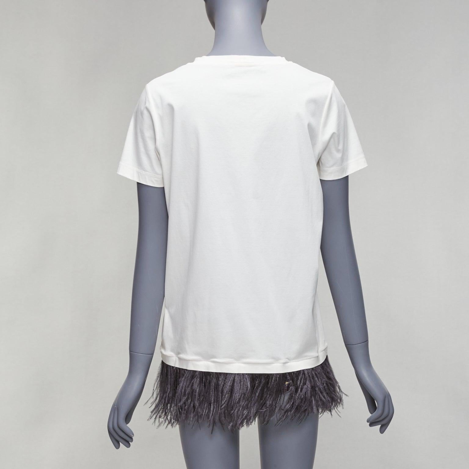 JIL SANDER white cotton black ostrich feather trim crew neck tshirt S For Sale 1
