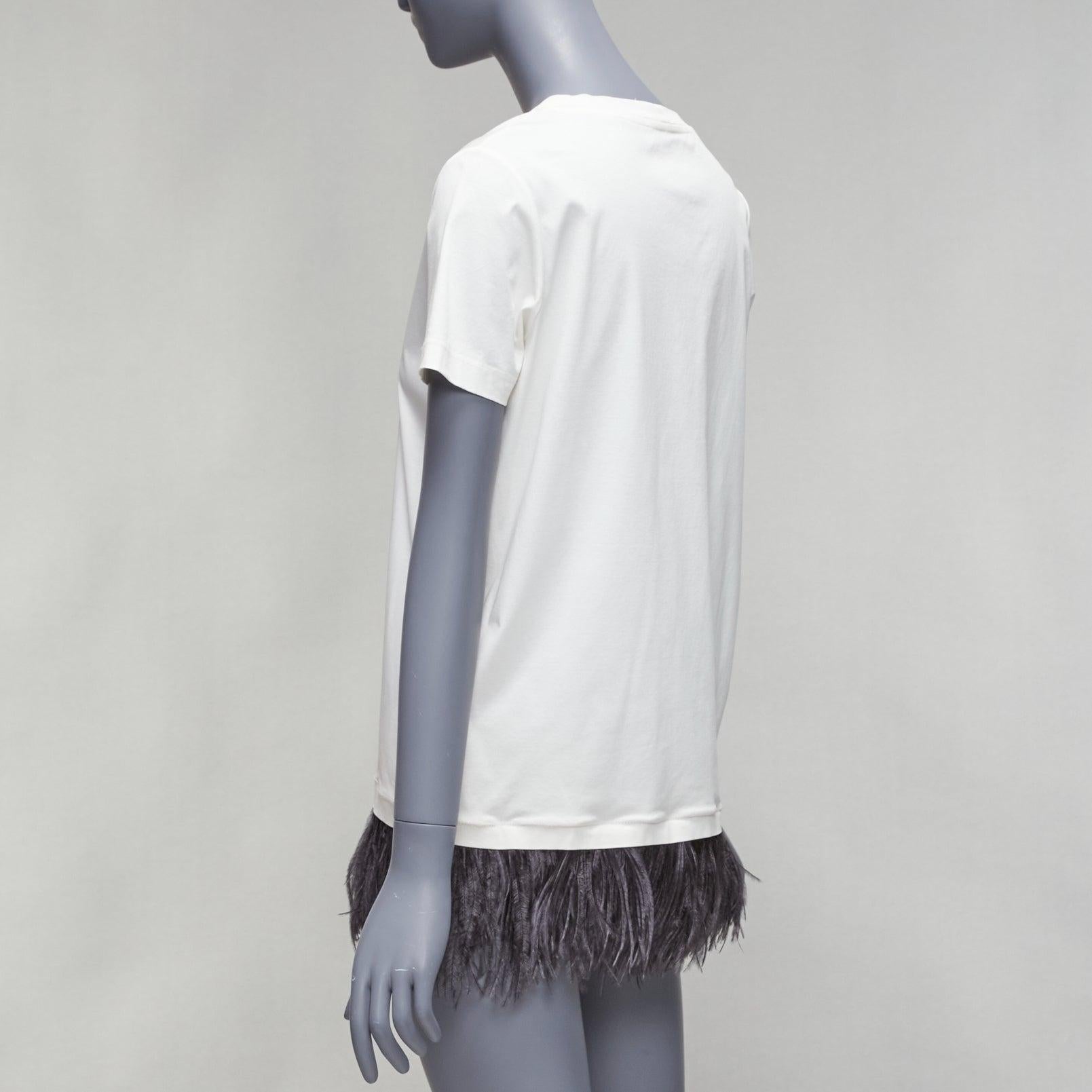 JIL SANDER white cotton black ostrich feather trim crew neck tshirt S For Sale 2