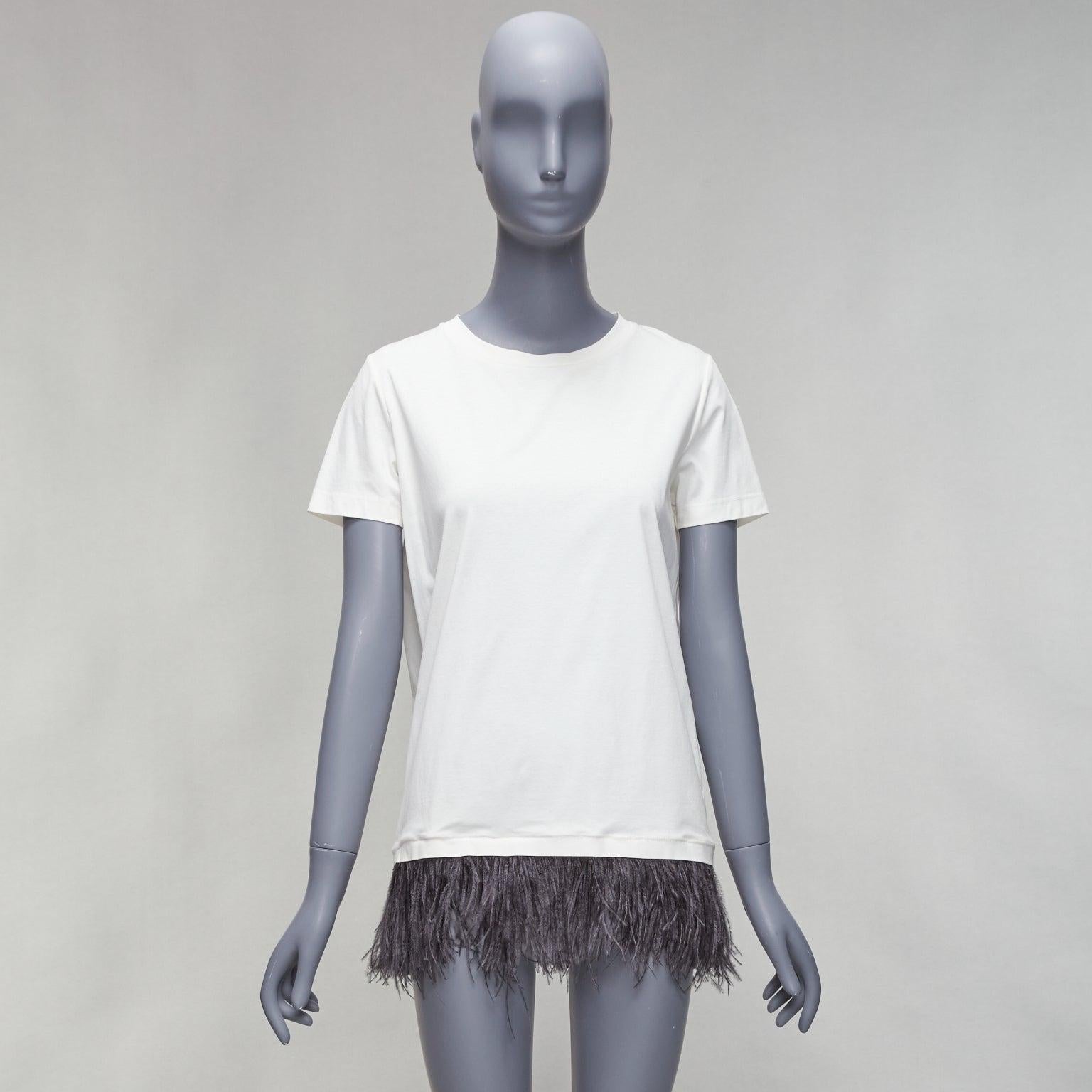 JIL SANDER white cotton black ostrich feather trim crew neck tshirt S For Sale 5