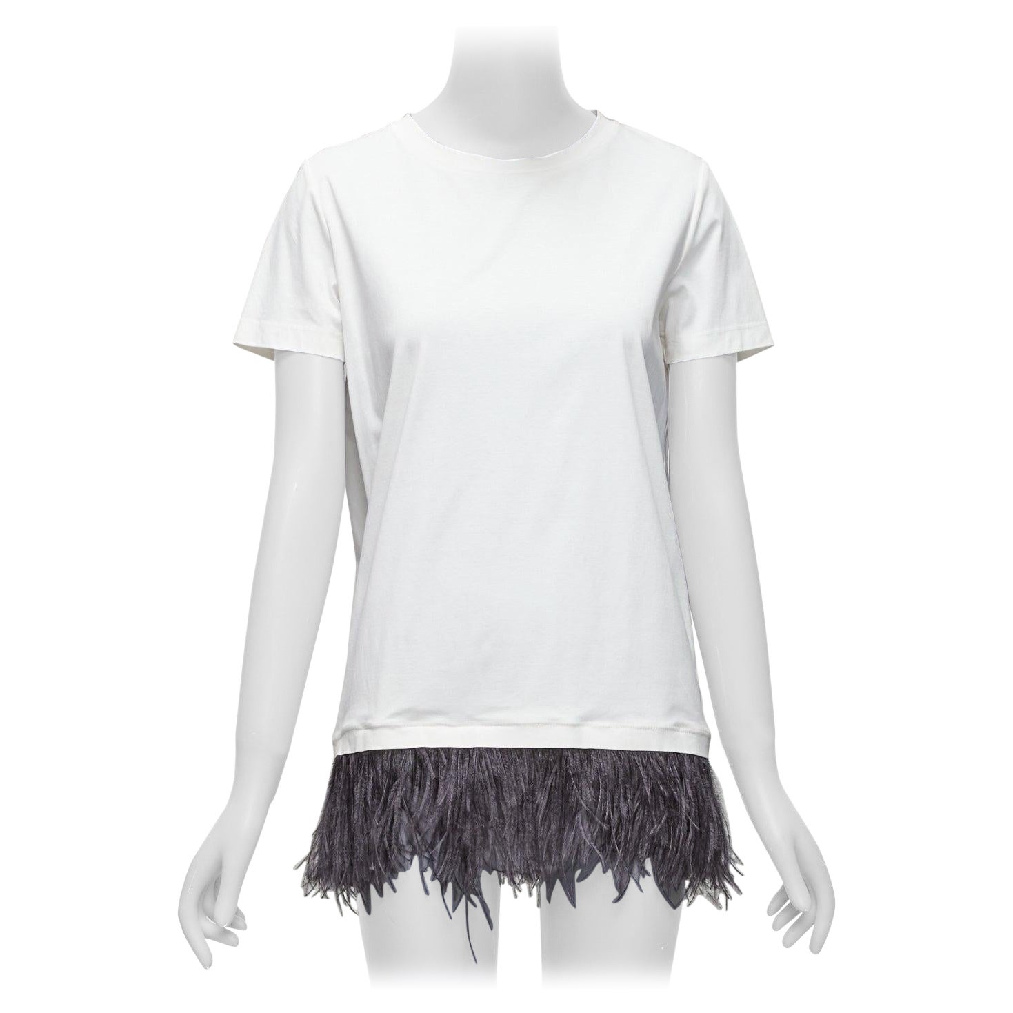 JIL SANDER camiseta cuello redondo algodón blanco ribete pluma avestruz negro S en venta
