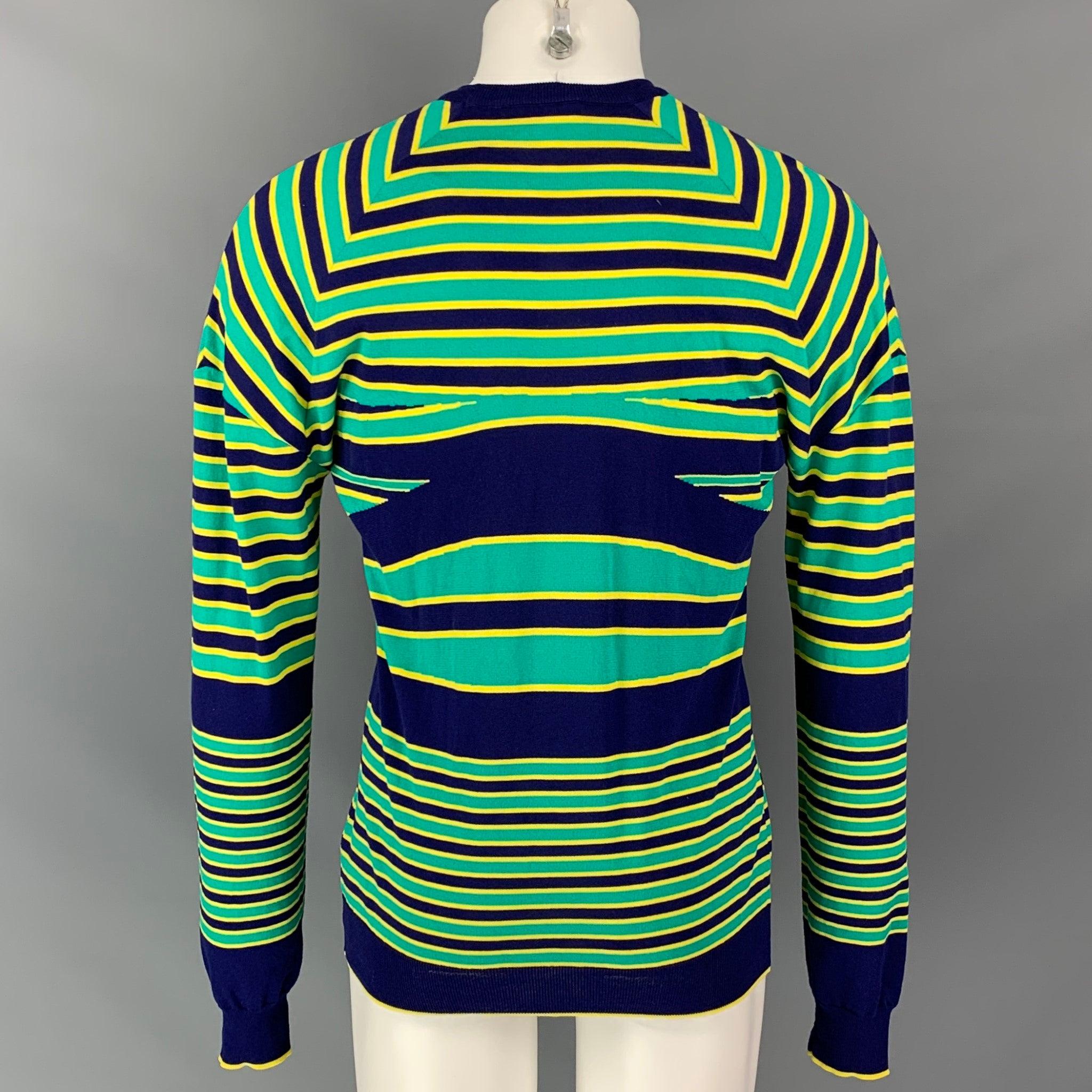 JIL SANDER x RAF SIMONS SS11 Talla M Jersey de cuello redondo de algodón a rayas verde azulado Negro