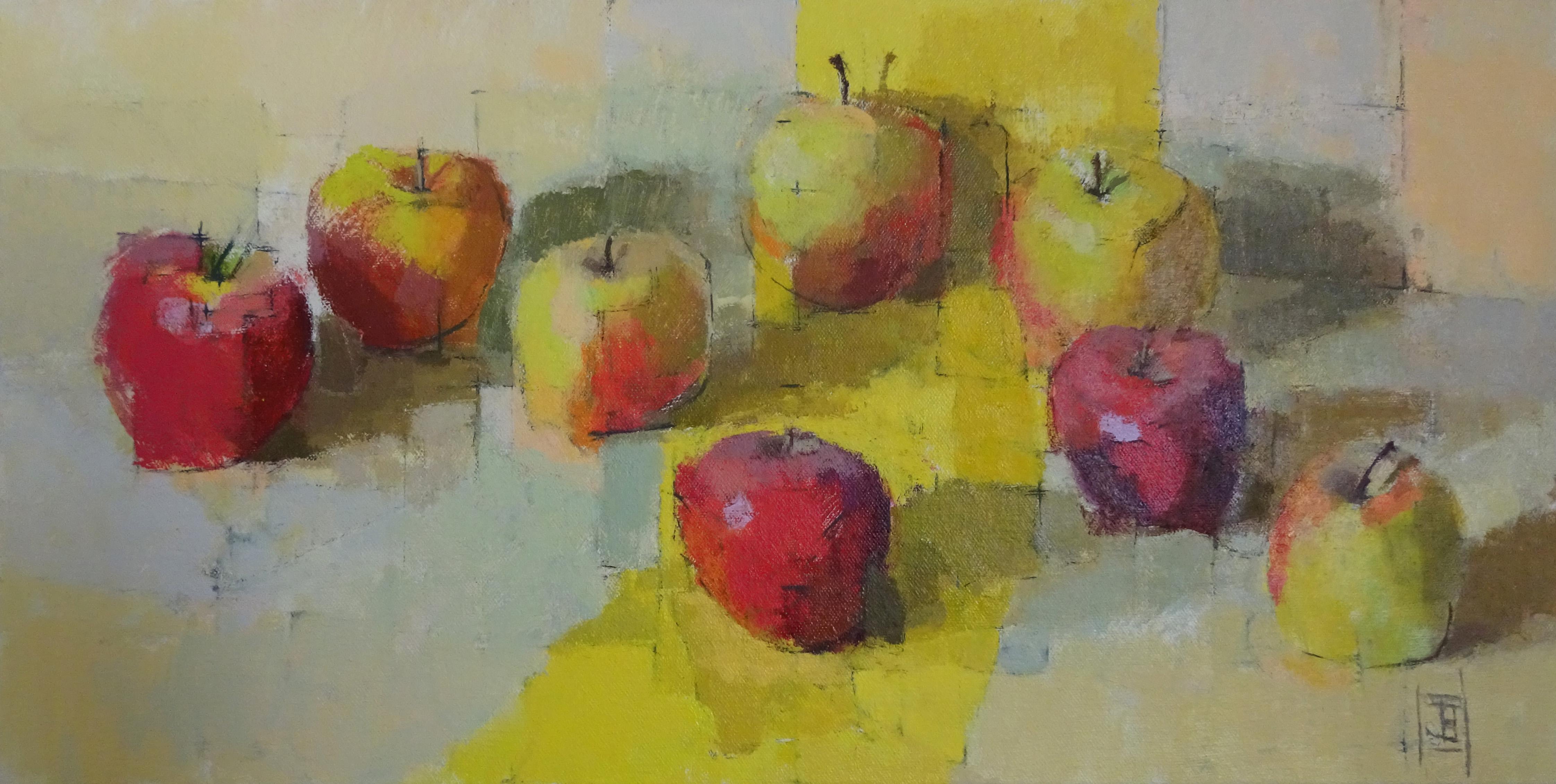 Jill Barthorpe Still-Life Painting - Apples With Yellow Stripe.  Contemporary Still Life Oil Painting