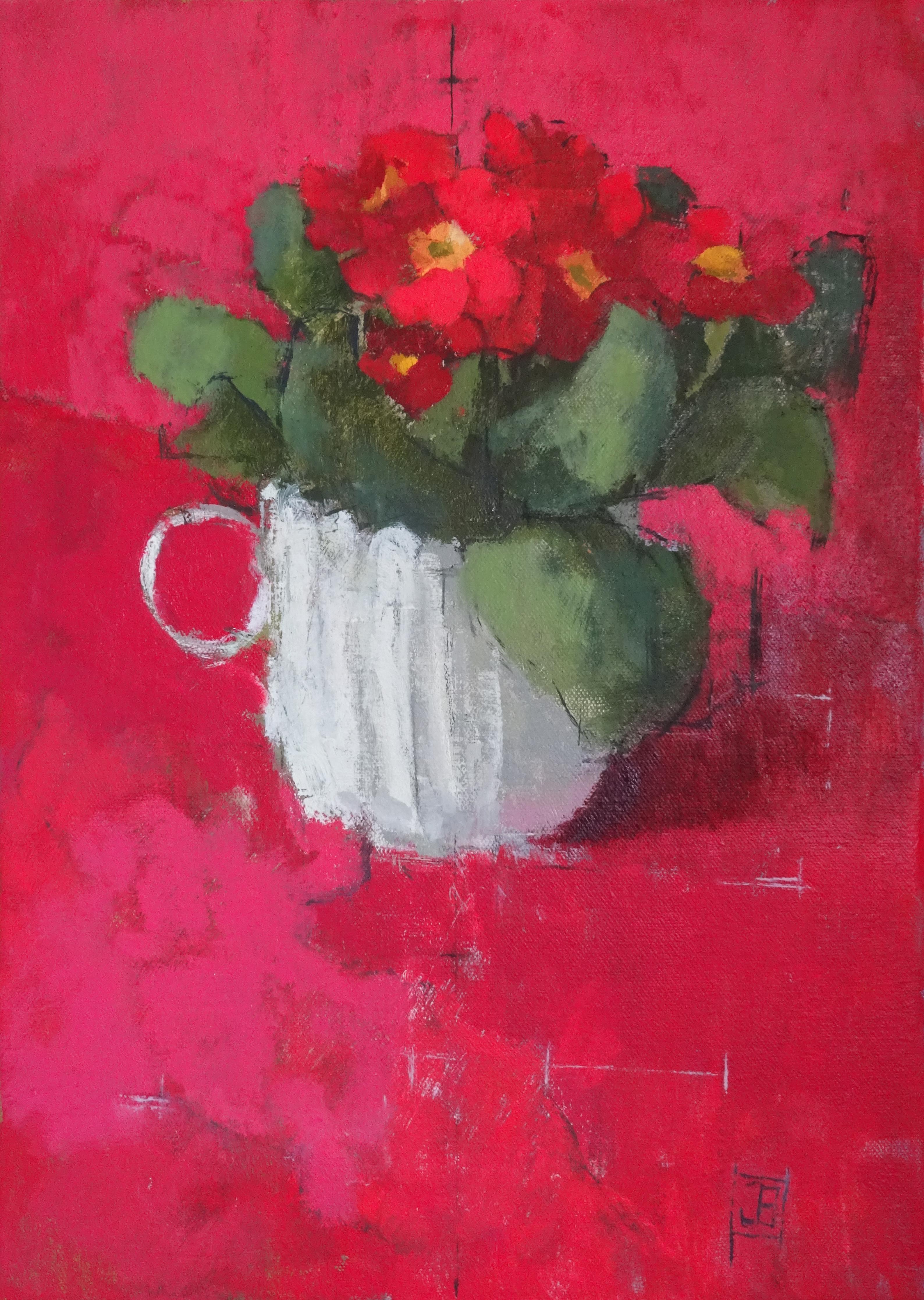 Jill Barthorpe Still-Life Painting - Red Primula.  Contemporary Still Life Oil Painting
