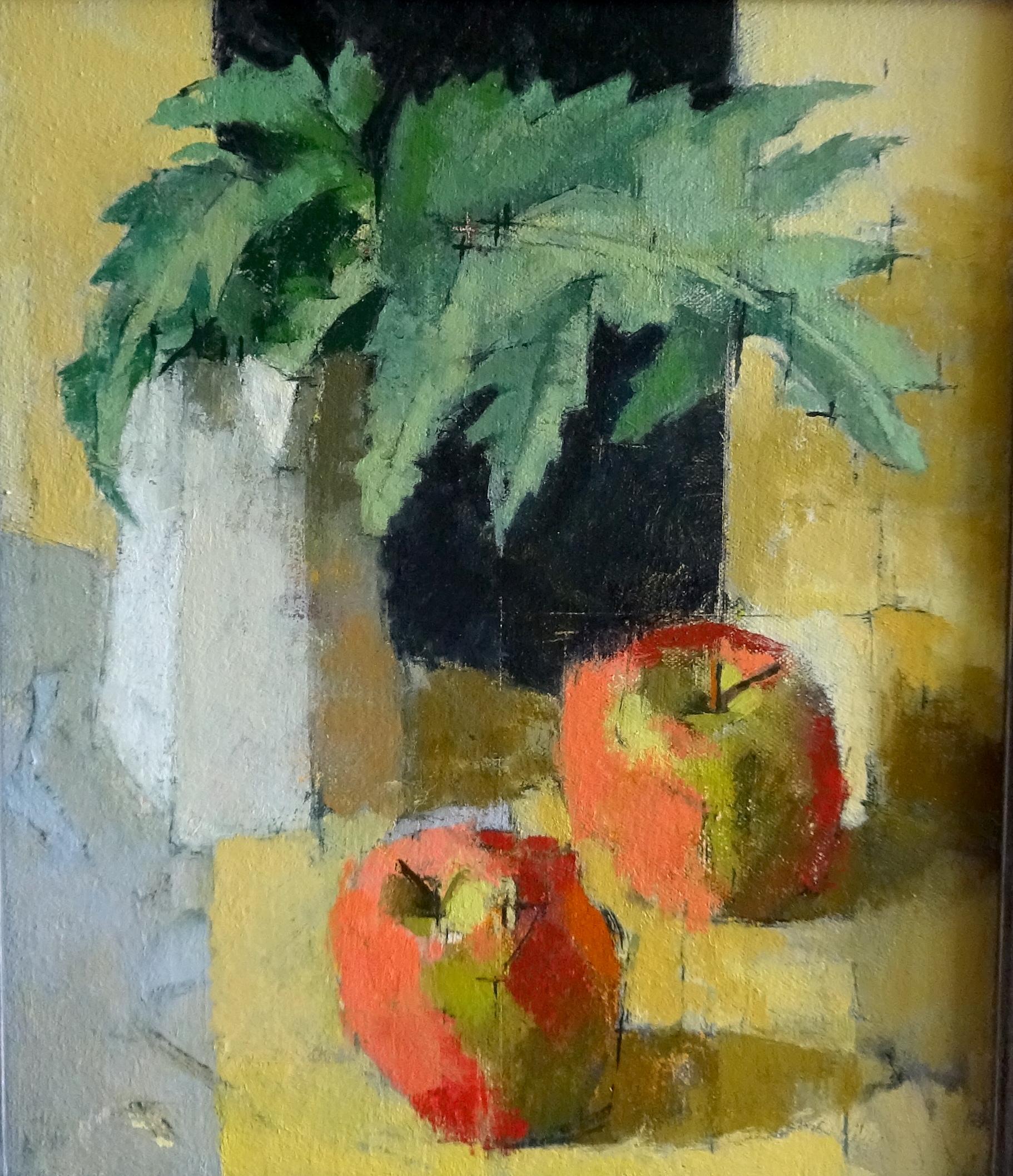 Jill Barthorpe Landscape Painting - "Two Red Apples" Contemporary Still Life Oil Painting
