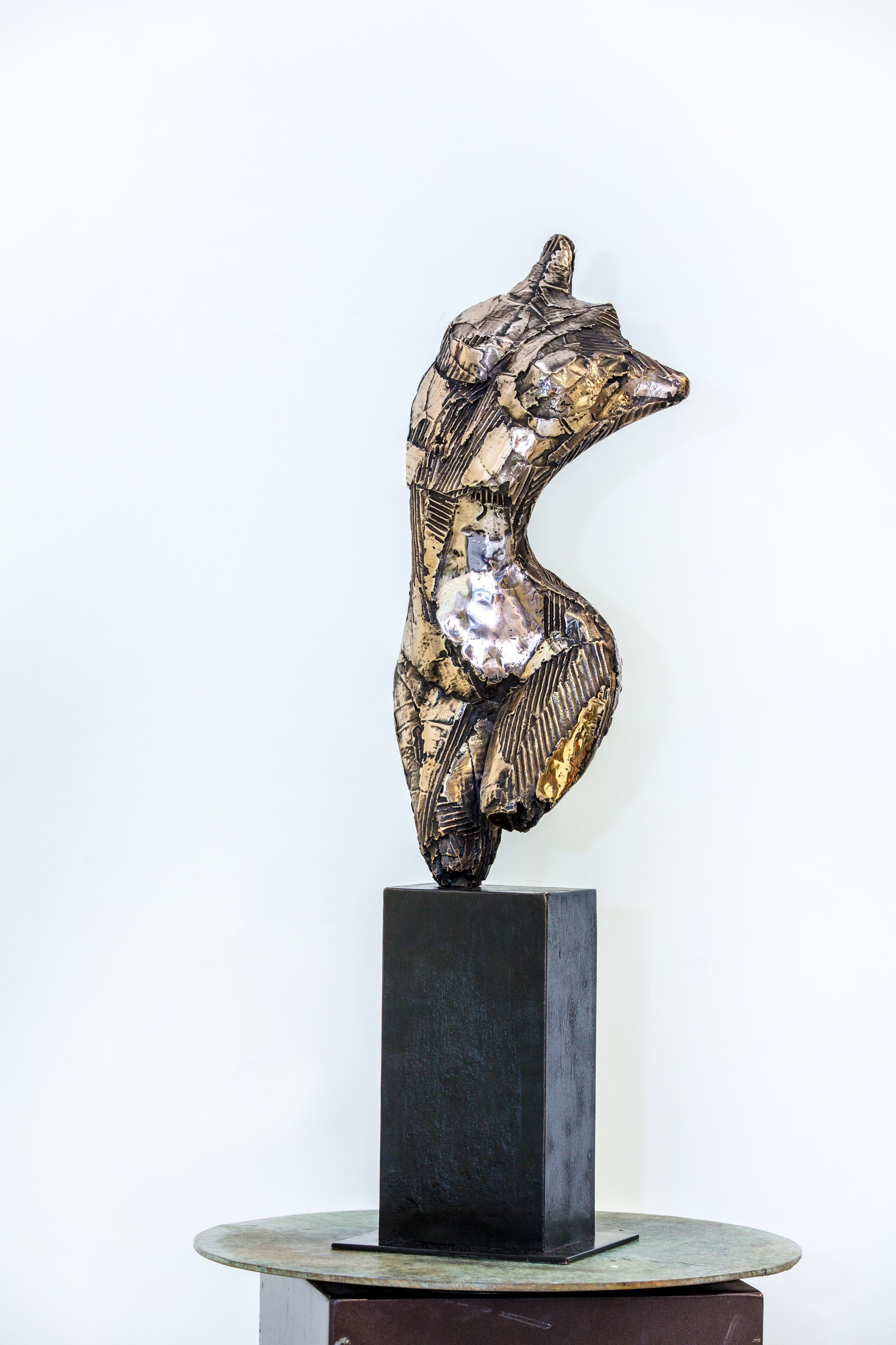 Gaia, la superficie expuesta revela el interior y la belleza de la mujer , Bronce - Figurative Sculpture Oro de Jill Berelowitz 