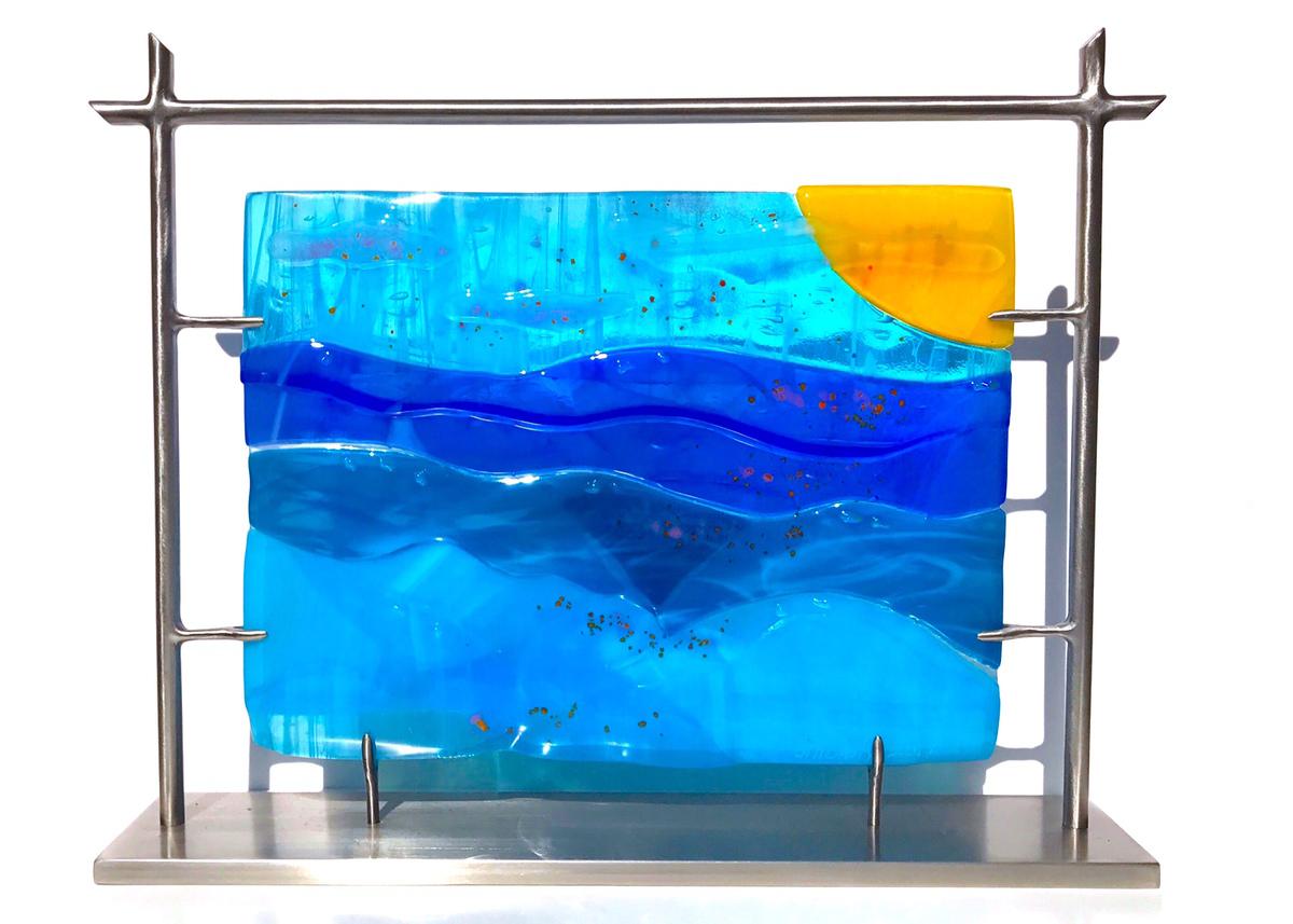 Abstract Sculpture Jill Casty - « By the Healing Waters », sculpture originale en verre et acier, 2020