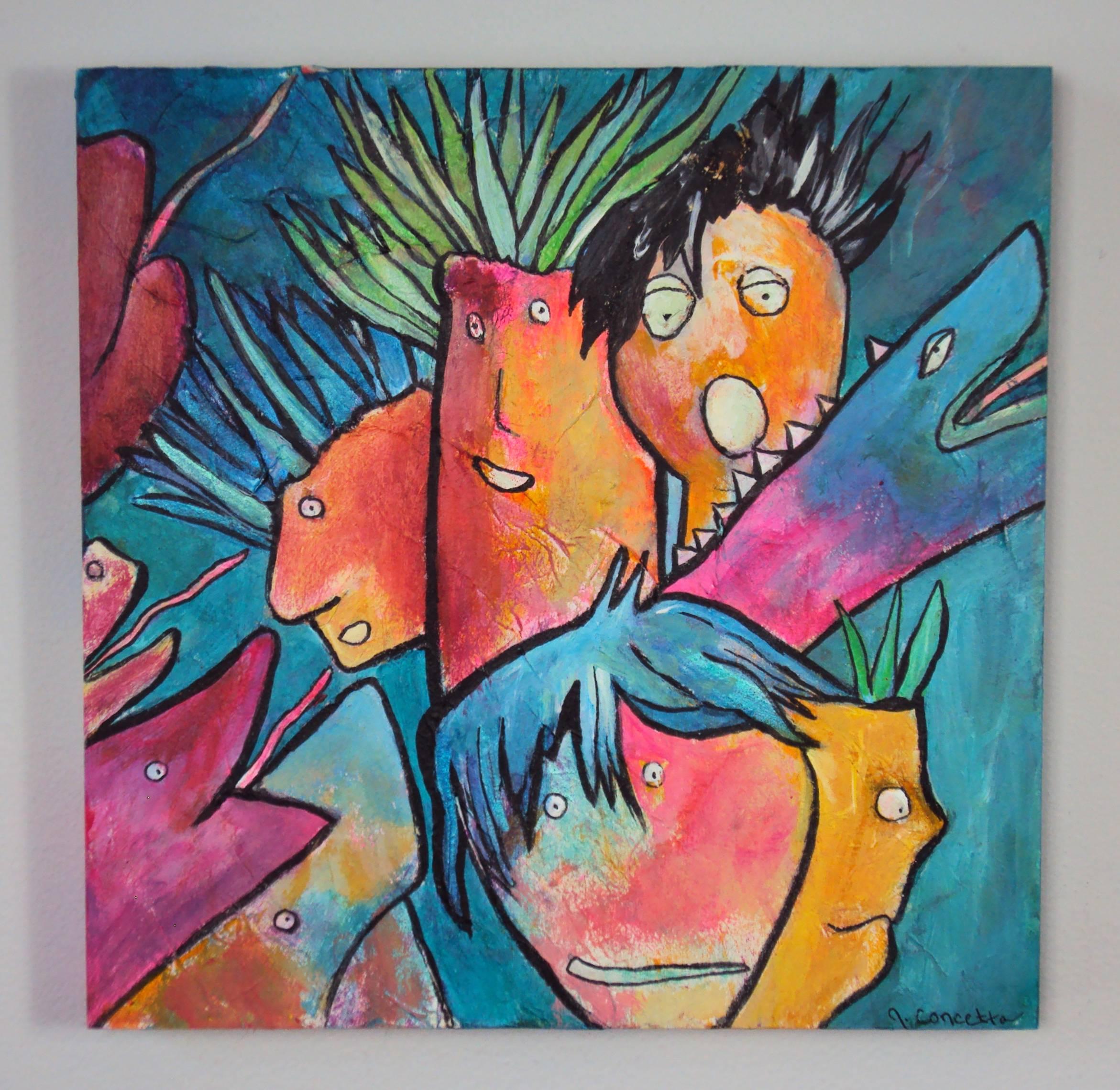 <p>Artist Comments<br />This painting was inspired by recent social media events. The intent was to use bright colors and a mixture of characters.  It was created with inks, dyes, and acrylic paint on rice paper mounted on a cradled panel.  The