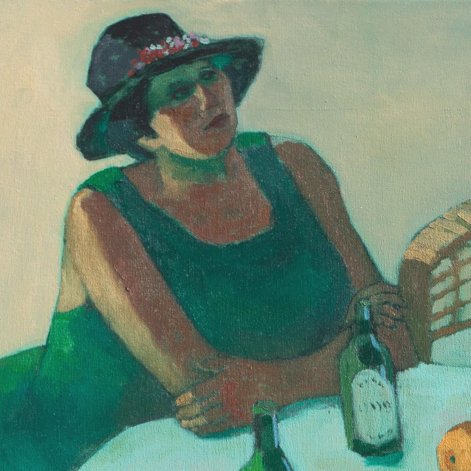'Lilac Straw Hat', Post-Impressionist Oil, California Woman Artist, Sonoma State - Gray Still-Life Painting by Jill Davenport