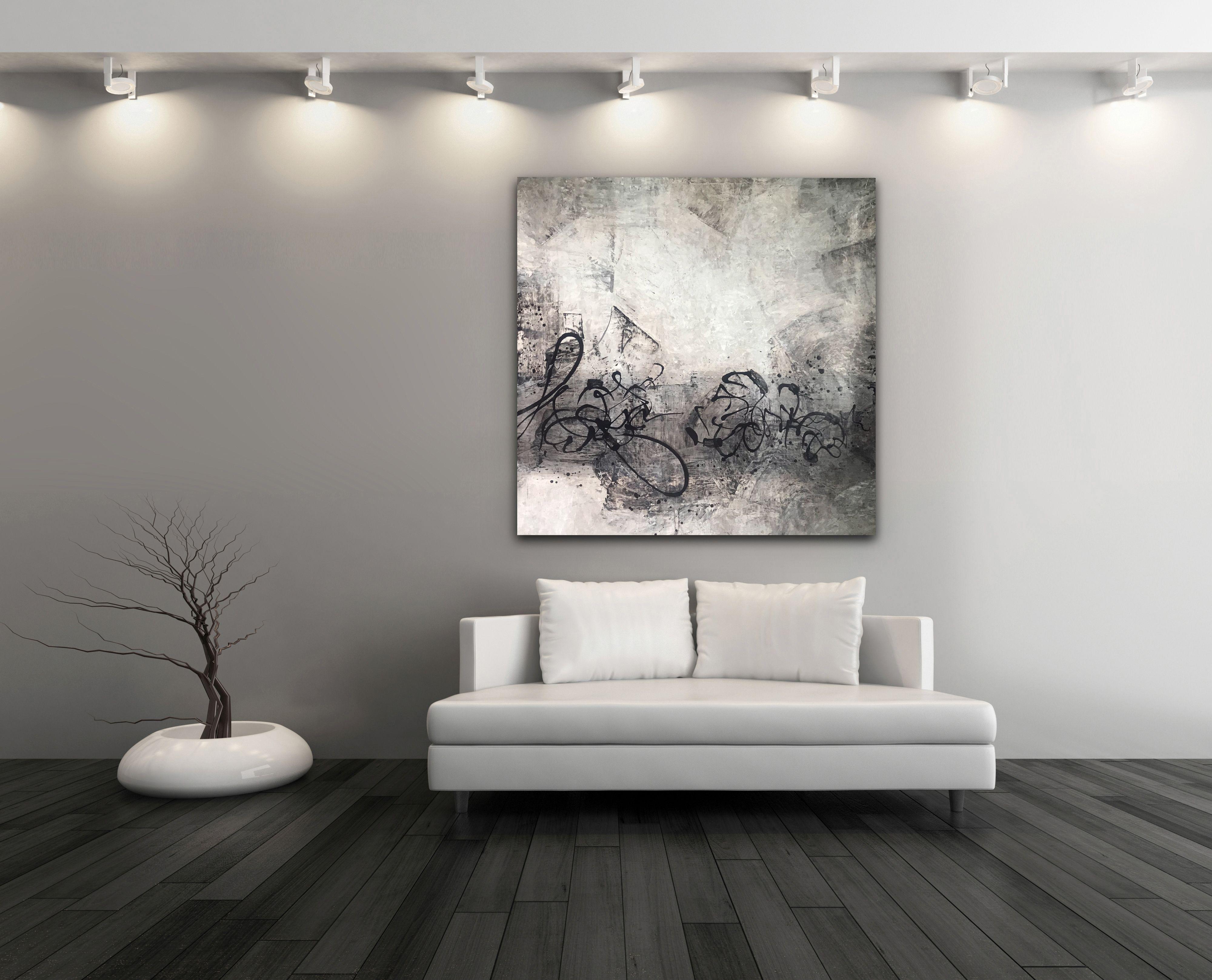 60 X 60 inches. Painted on canvas. Unframed. Ships rolled in a tube.    This is a large statement piece for lovers of minimalist modern art. Hints of warm gray (to the purple), and black and white are textured throughout the canvas. Stand back from