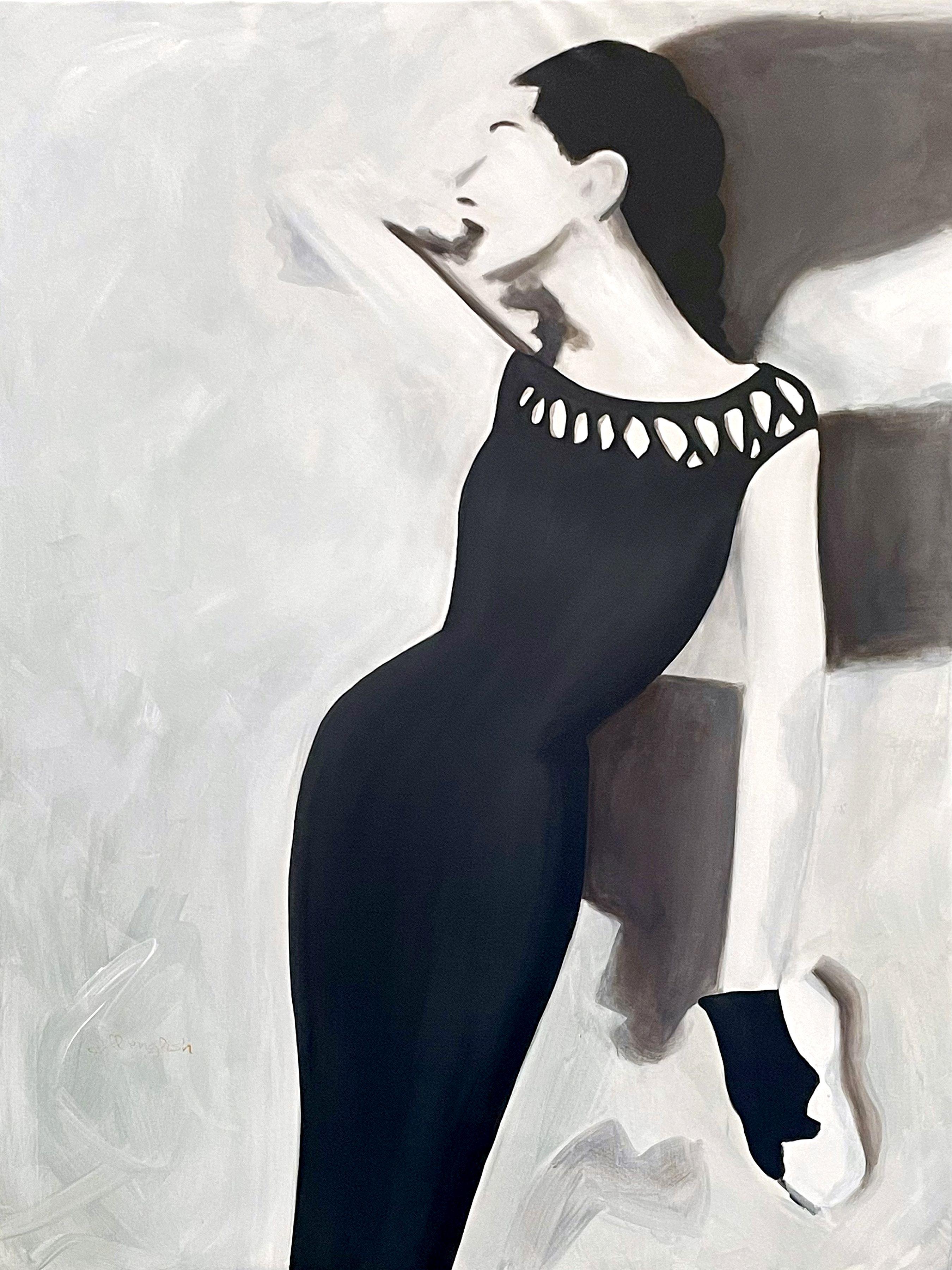 Vogue up your space with Something Fashionable... This fabulous lady is painted on a large sheet of canvas with plenty of extra room for a deep gallery wrap. She is black and white with a gray to the blue background. :: Painting :: Modern :: This