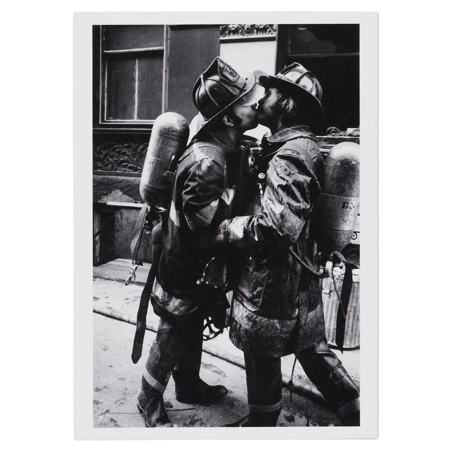Jill Freedman Kissing FDNY 1976, black & white photo on Kodak Endura, Signed. Image also known as ‘Brotherly Love.” This is a black and white photograph on Kodak Endura, handsigned by the artist. 7 x 5 inches. Unframed. 
Jill Freedman (October 19,