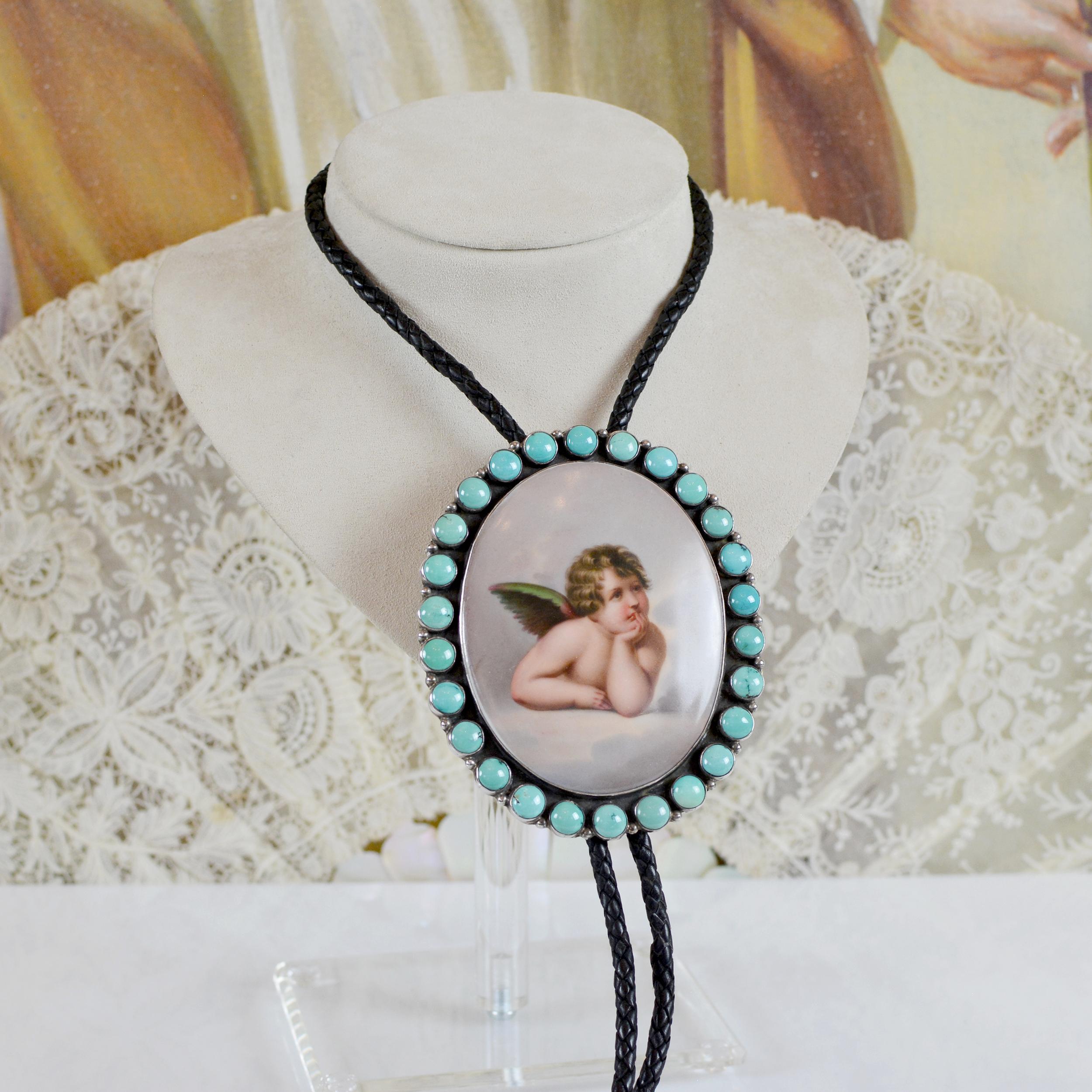 Jill Garber 19th Century Sistine Madonna Angel Portrait with Turquoise Bolo Tie  For Sale 1
