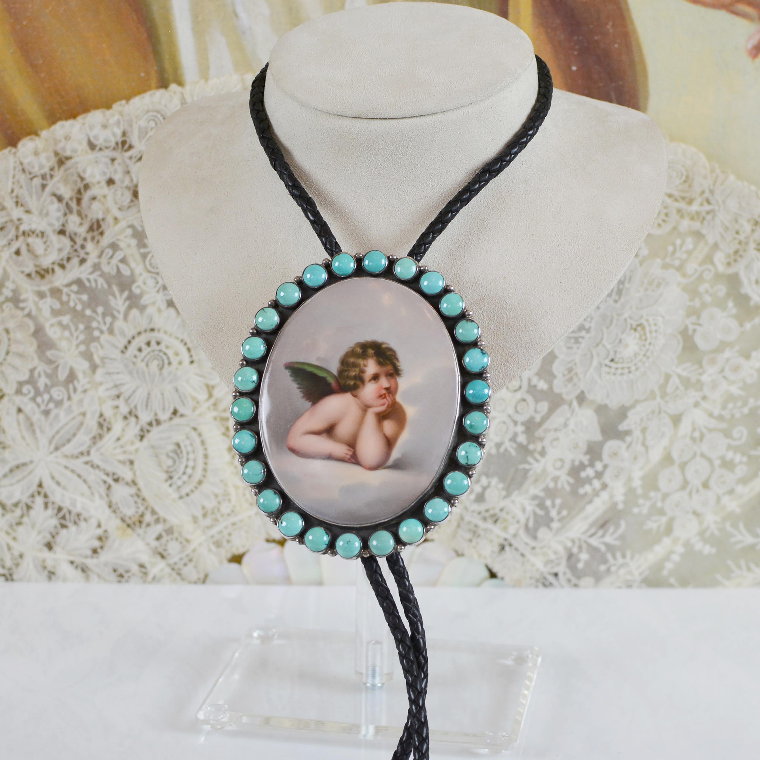 Jill Garber 19th Century Sistine Madonna Angel Portrait with Turquoise Bolo Tie  For Sale 3