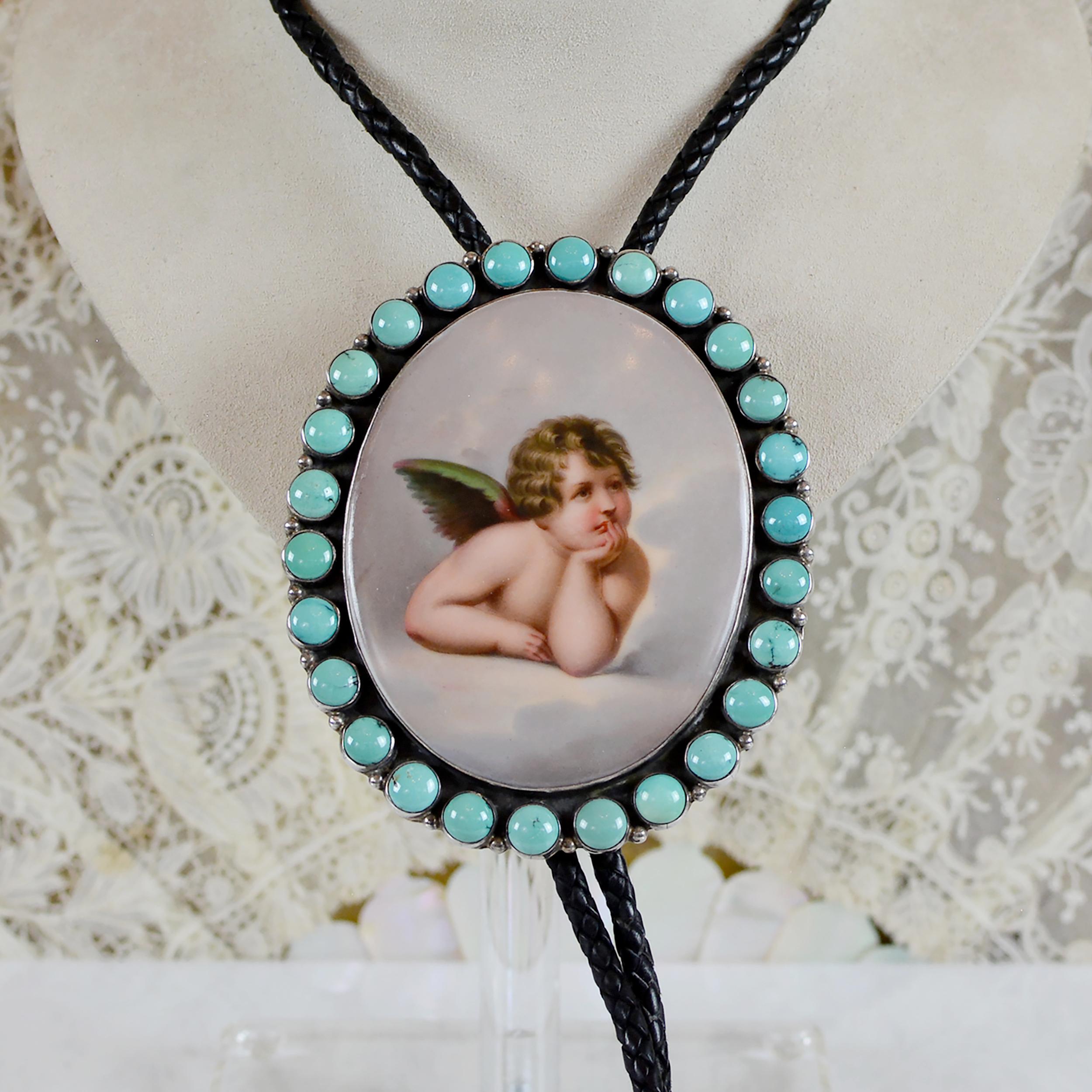 Jill Garber 19th Century Sistine Madonna Angel Portrait with Turquoise Bolo Tie  For Sale 4