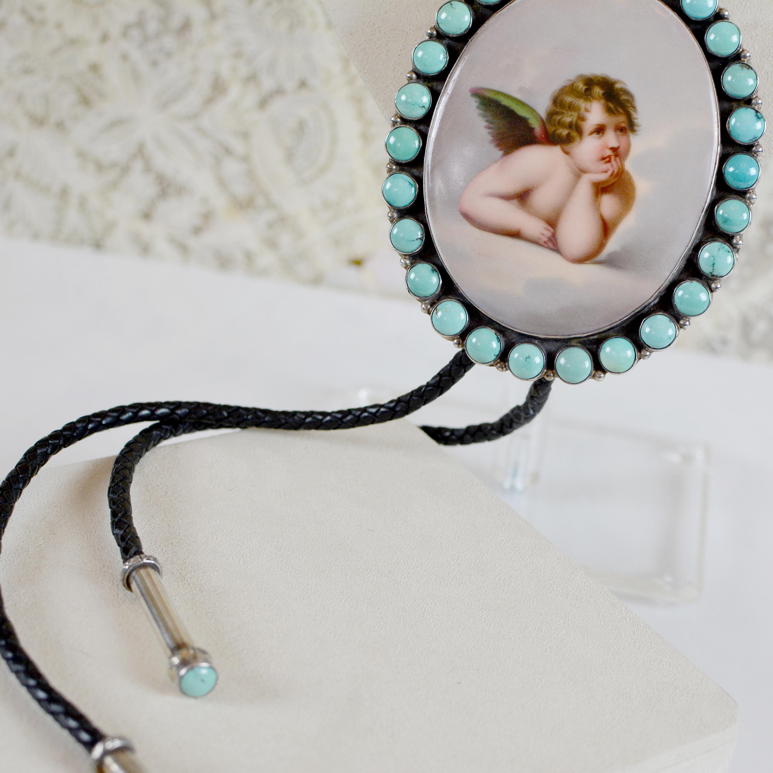 Jill Garber 19th Century Sistine Madonna Angel Portrait with Turquoise Bolo Tie  For Sale 5