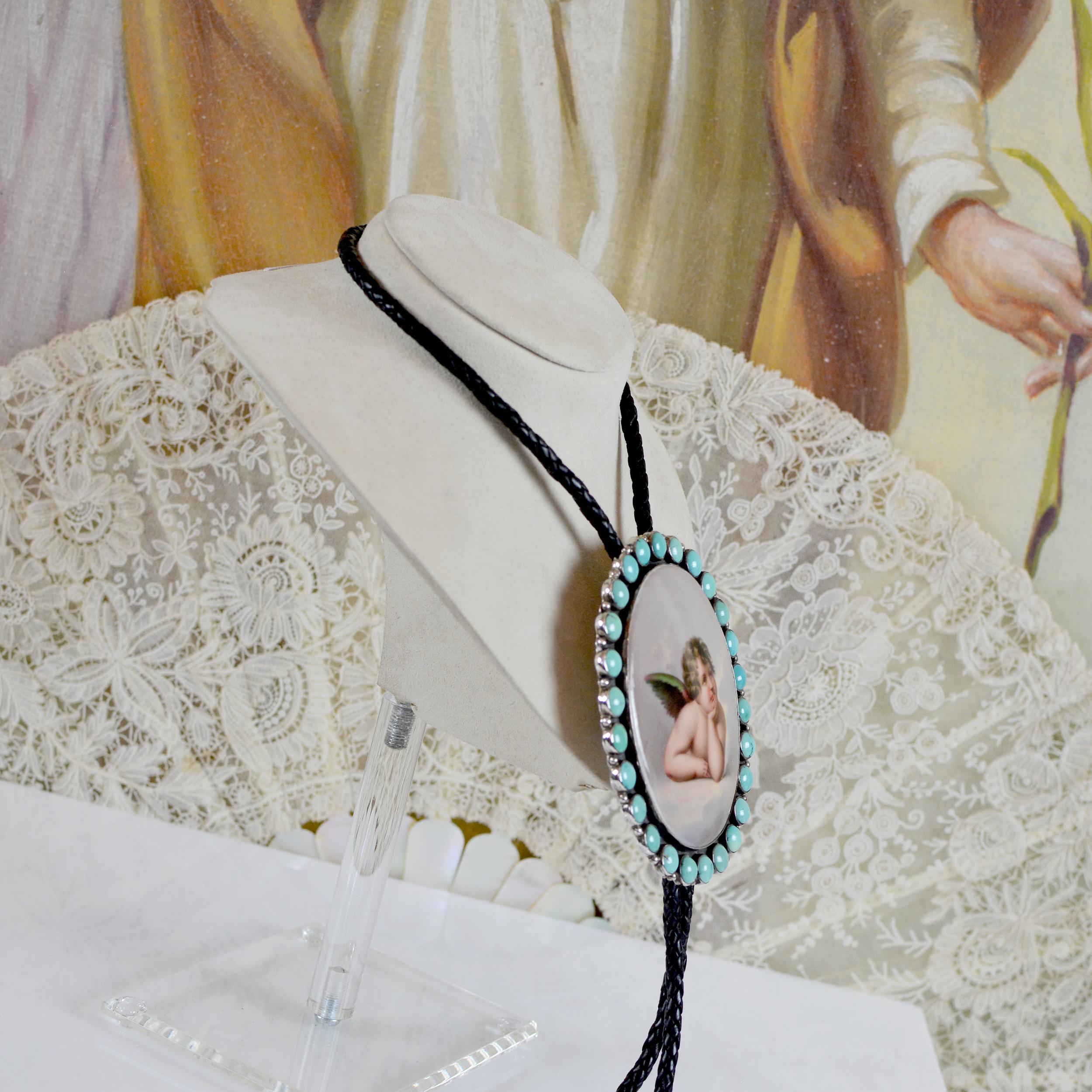 Round Cut Jill Garber 19th Century Sistine Madonna Angel Portrait with Turquoise Bolo Tie  For Sale