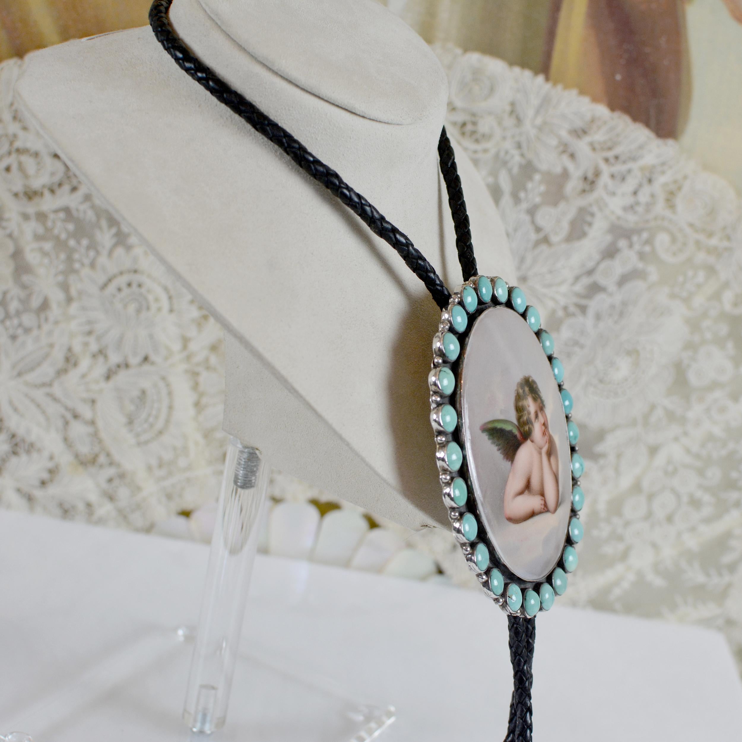 Jill Garber 19th Century Sistine Madonna Angel Portrait with Turquoise Bolo Tie  In Excellent Condition For Sale In Saginaw, MI