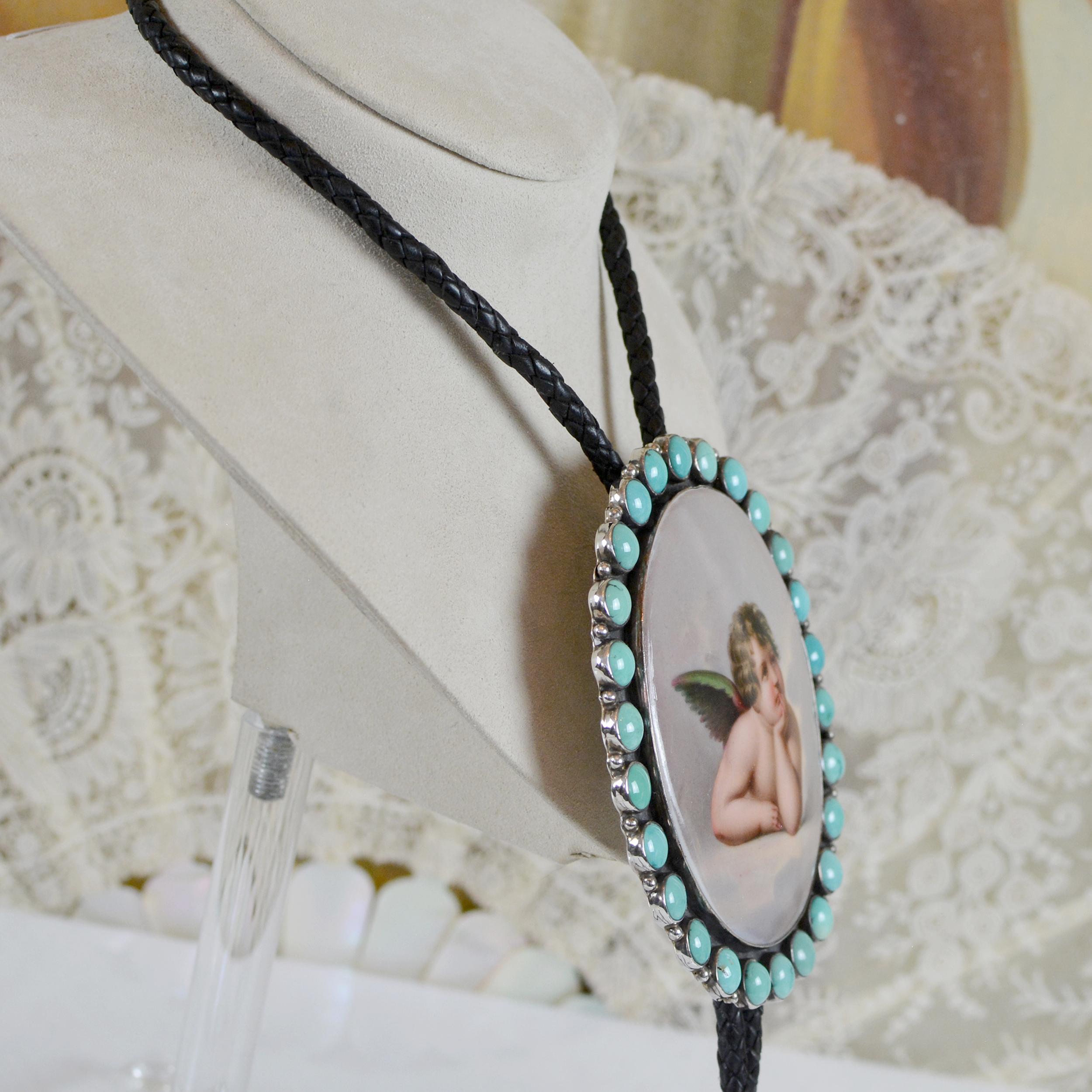 Women's or Men's Jill Garber 19th Century Sistine Madonna Angel Portrait with Turquoise Bolo Tie  For Sale