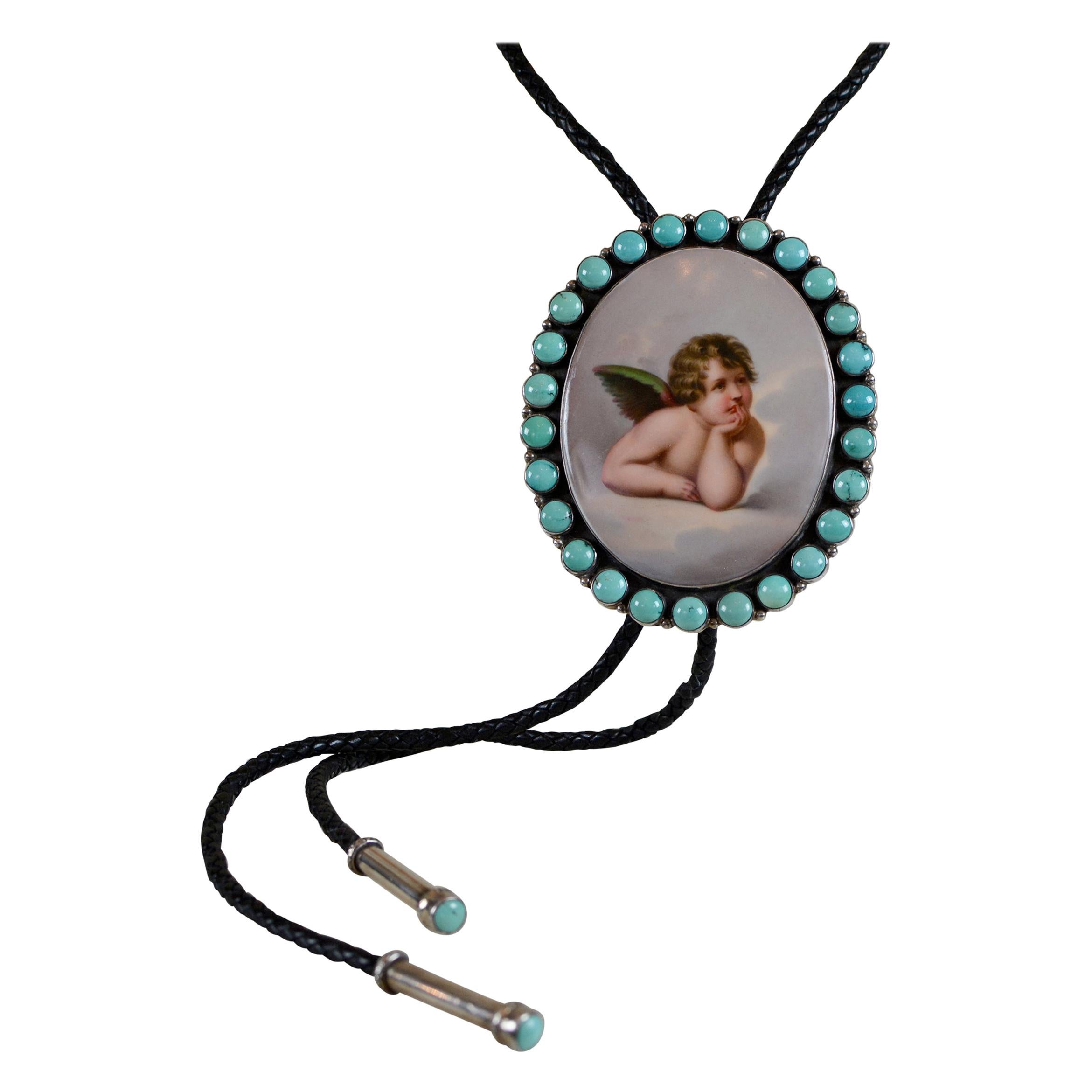 Jill Garber 19th Century Sistine Madonna Angel Portrait with Turquoise Bolo Tie  For Sale