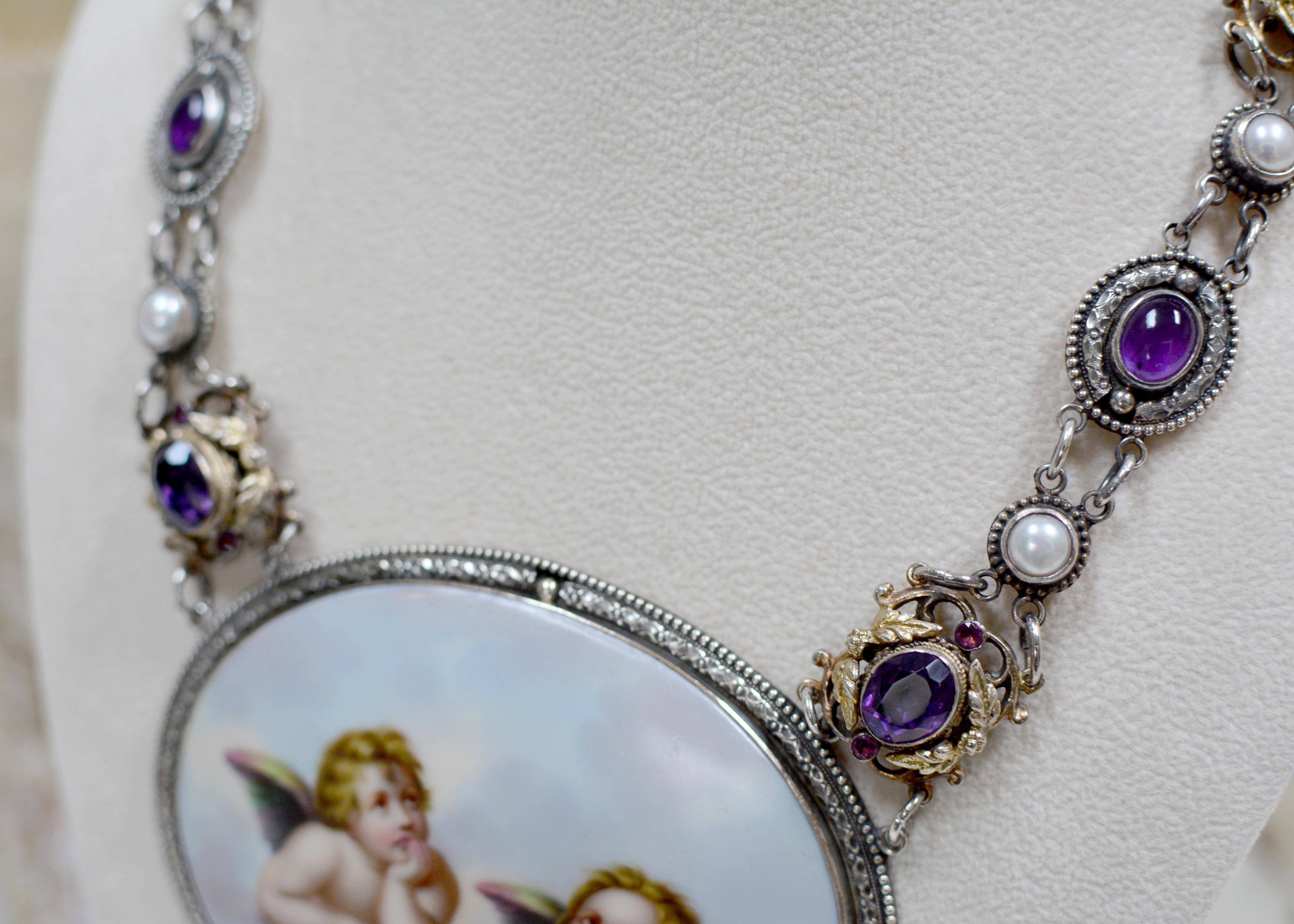 Jill Garber 19th Century Sistine Madonna Angels Portrait Necklace with Amethyst For Sale 1