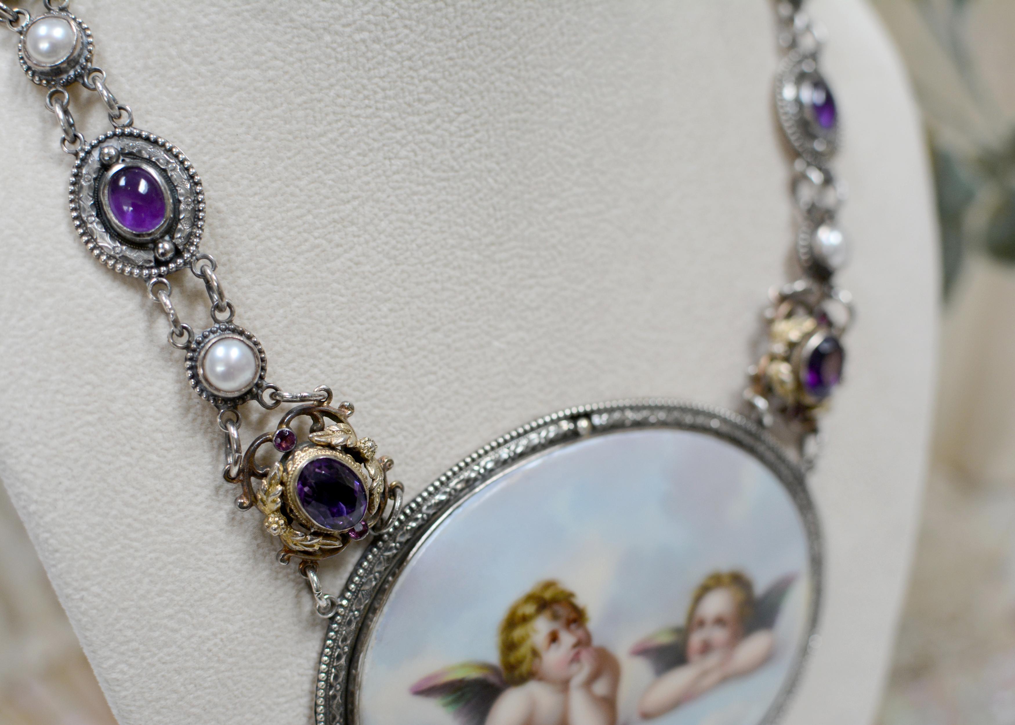 Jill Garber 19th Century Sistine Madonna Angels Portrait Necklace with Amethyst For Sale 2